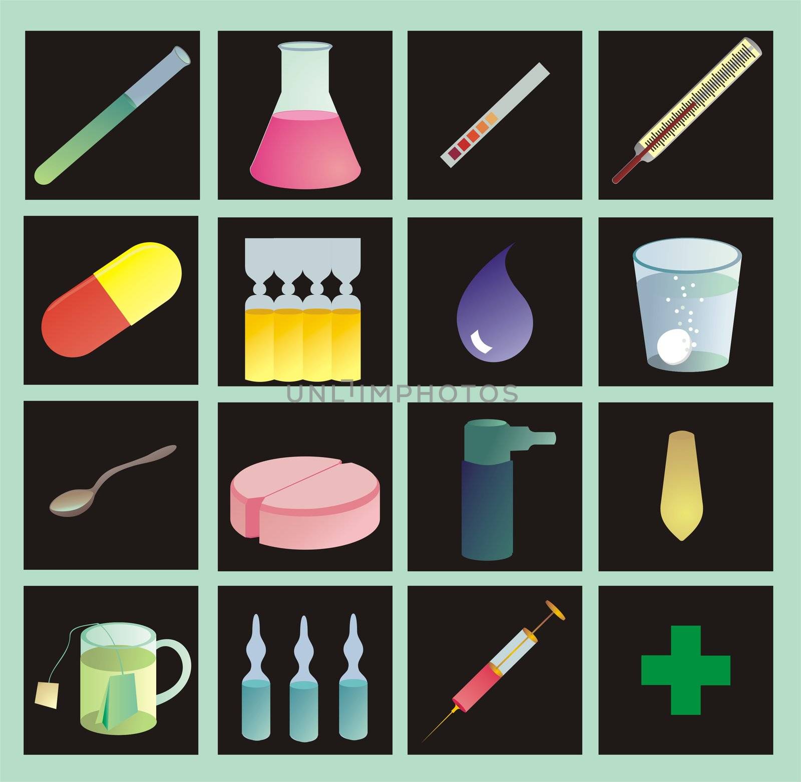 medical icons, color on black, with gradients