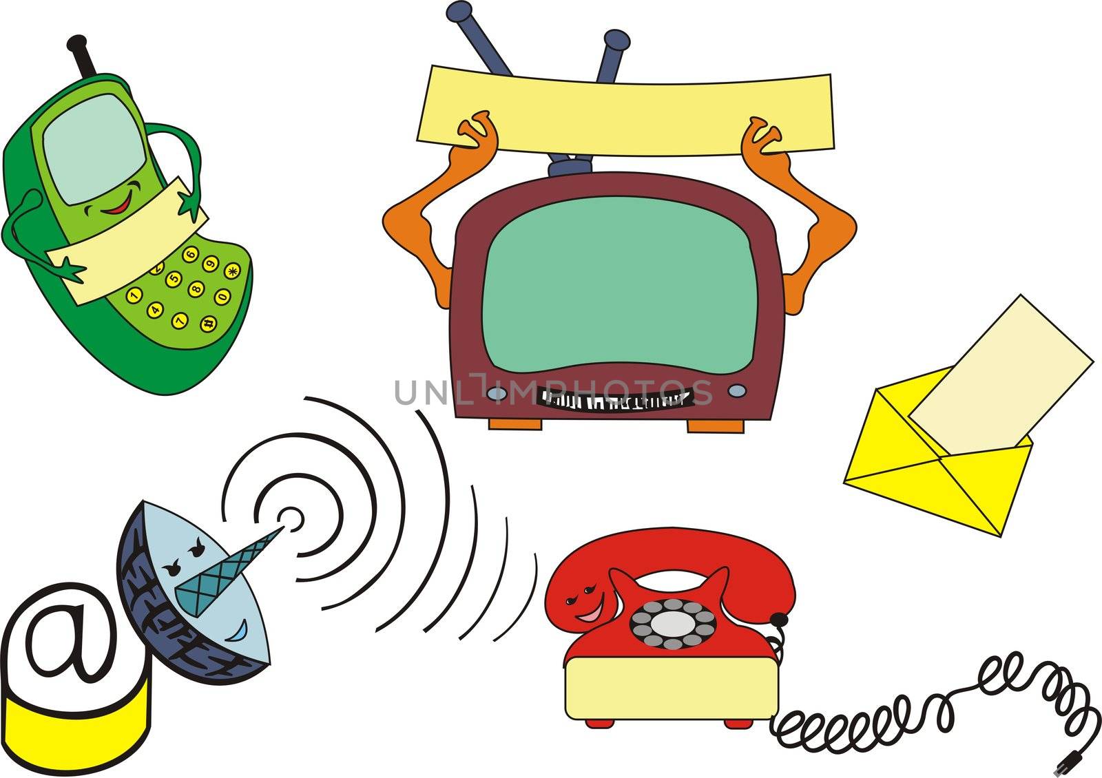 communication devices, cartoon style