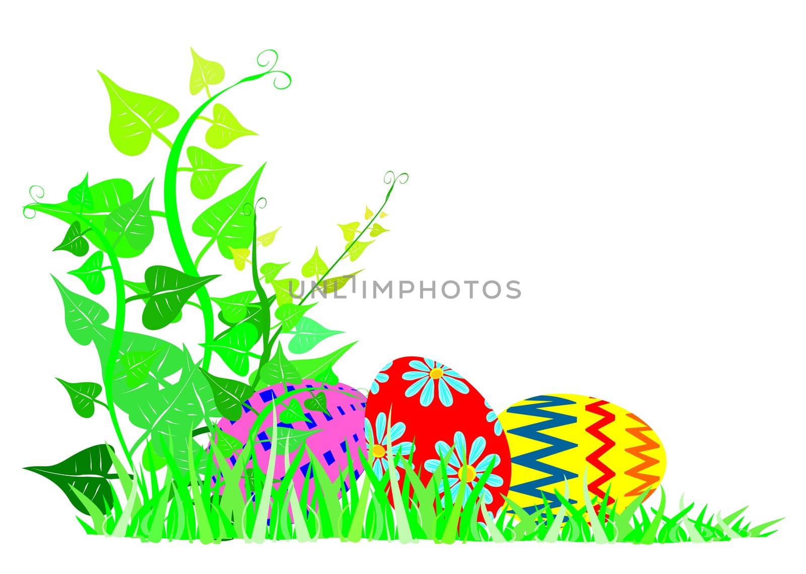 decorative easter-eggs lying in the grass behind a vine