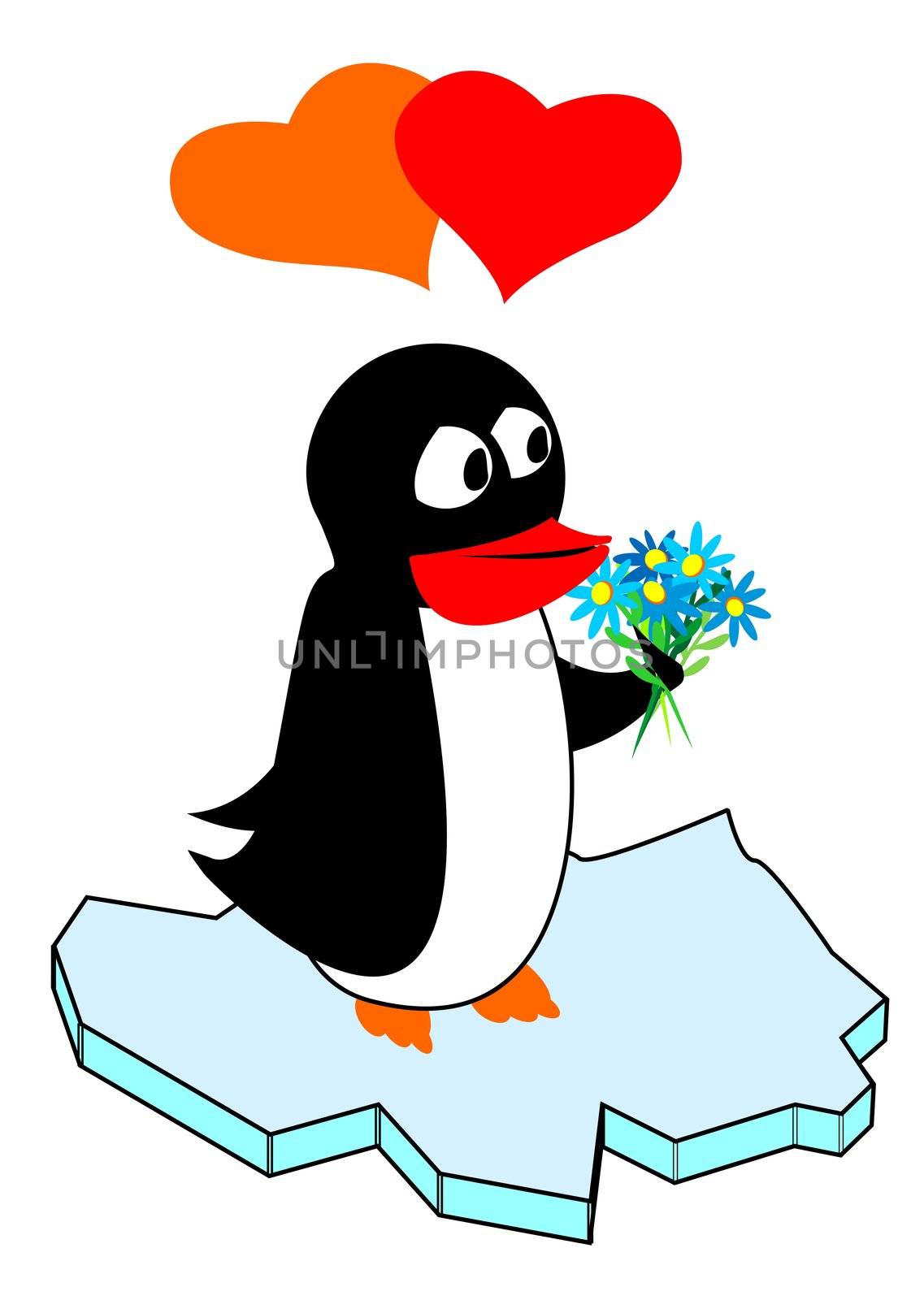 penguin in love, standing with a bunch of flowers on ice, can be used for birthday cards, Valentines and other congratulations