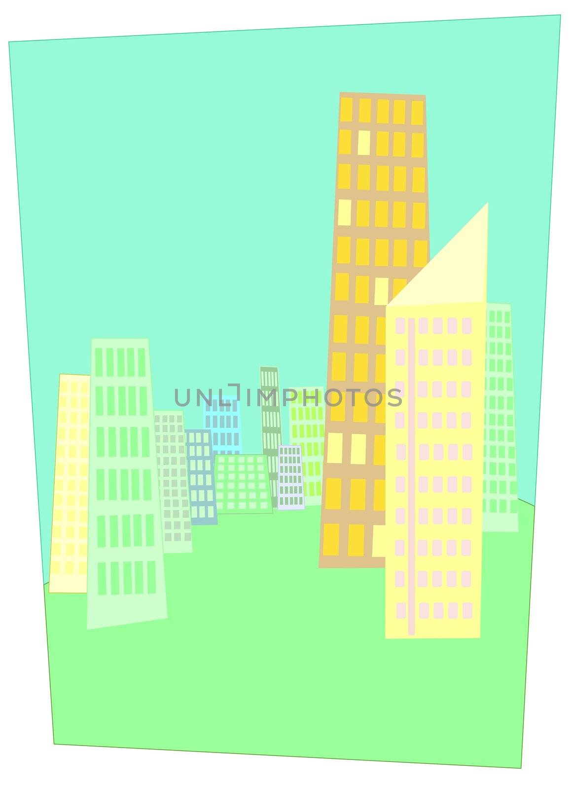 Illustration of a city with skyscrapers in springtime colors