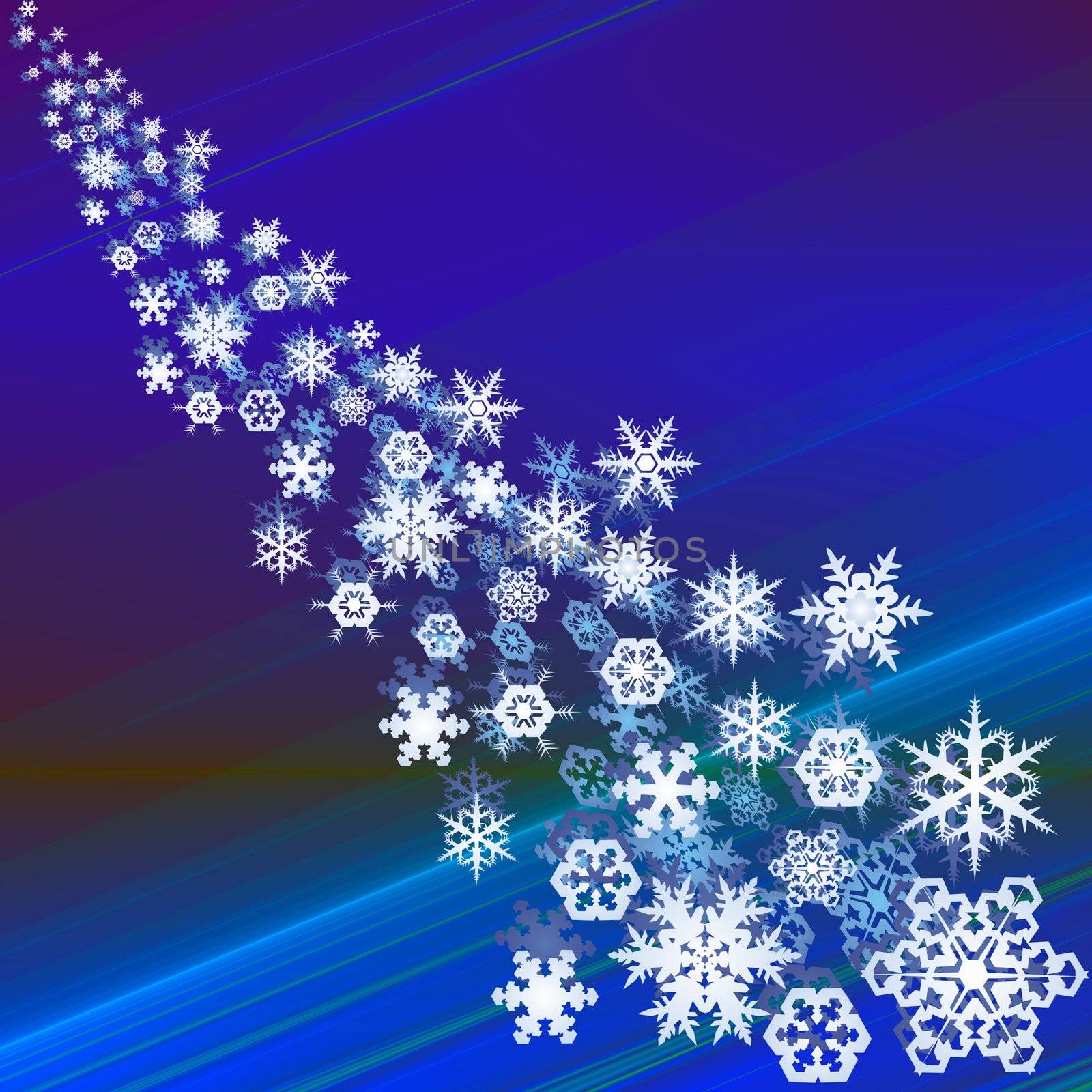 Snowcrystals falling, abstract blue background winter illustration