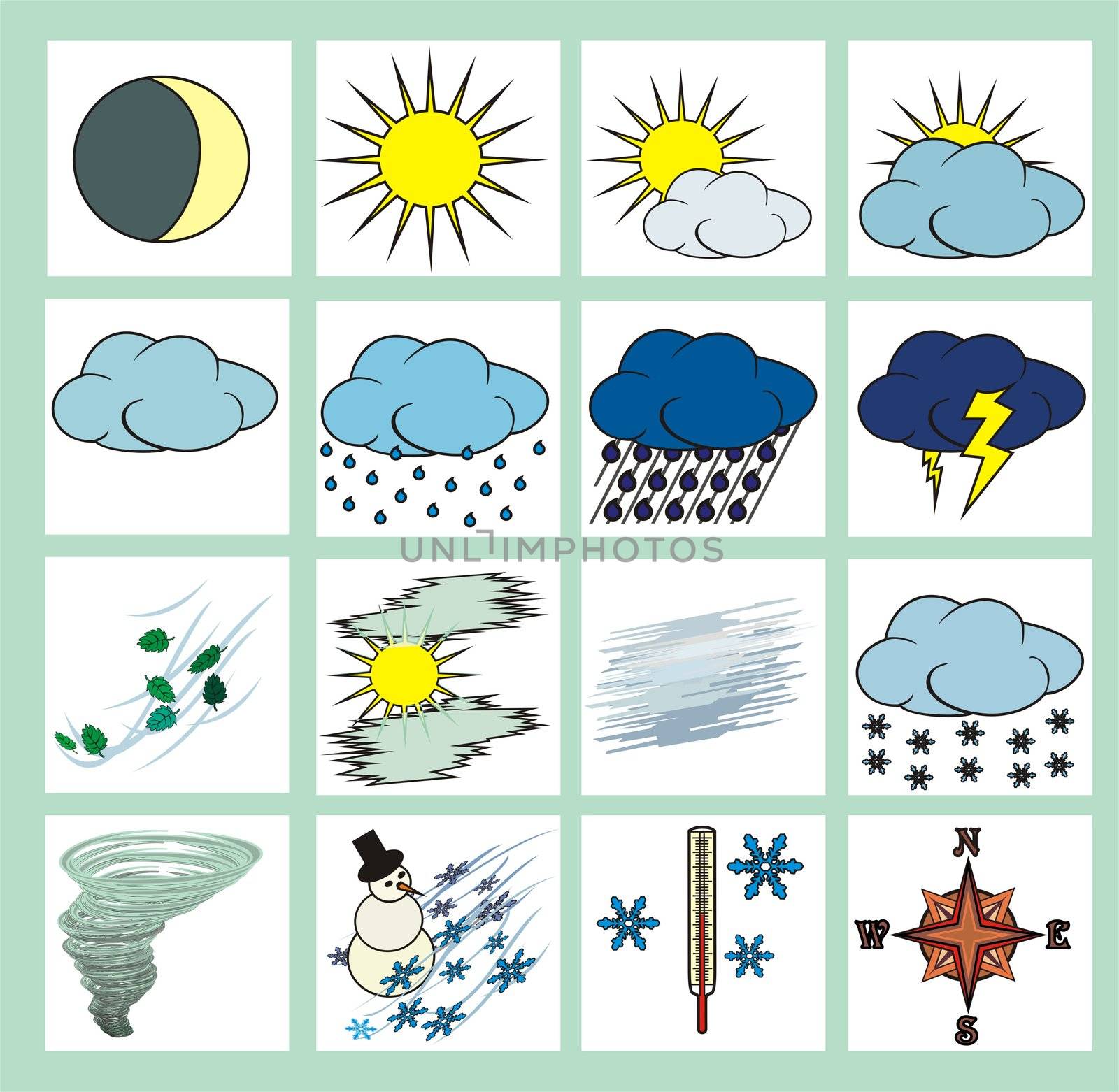 Weather icons or cliparts color with black outlines on white background