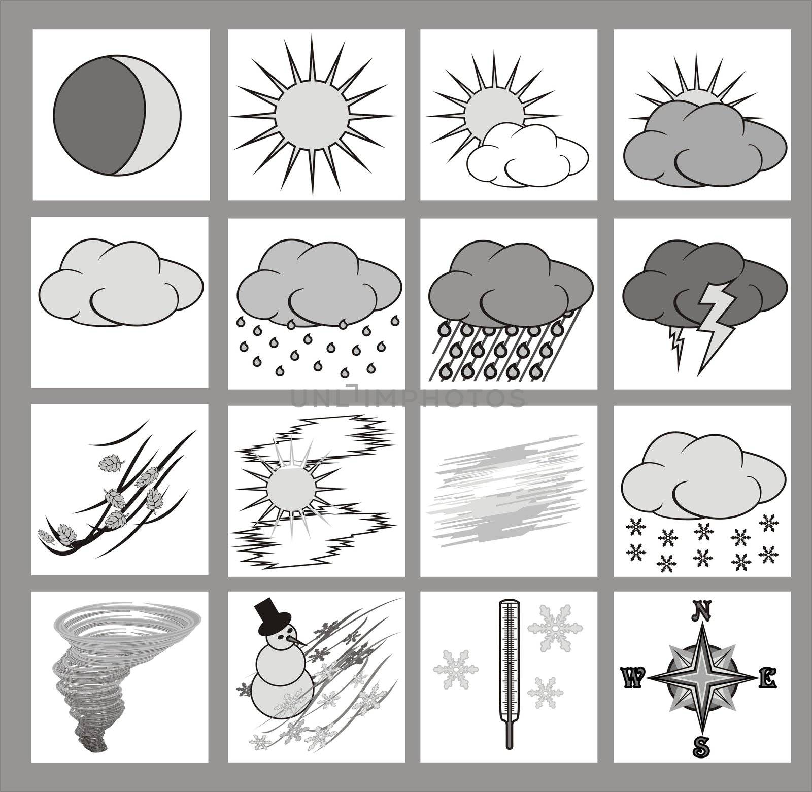 Weather icons or cliparts grayscale with black outlines on white background