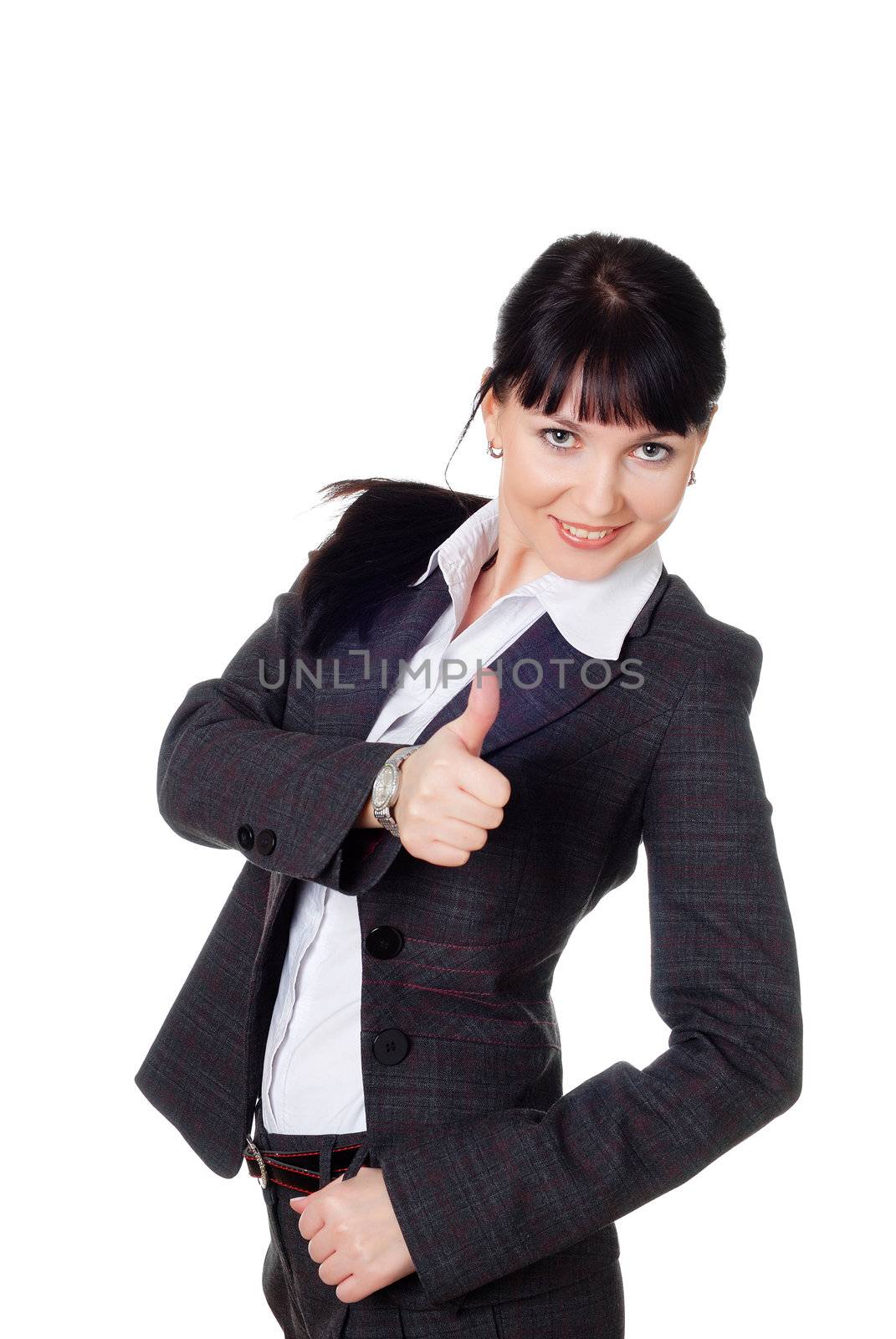 charming young woman in a dark business suit isolated on white background 