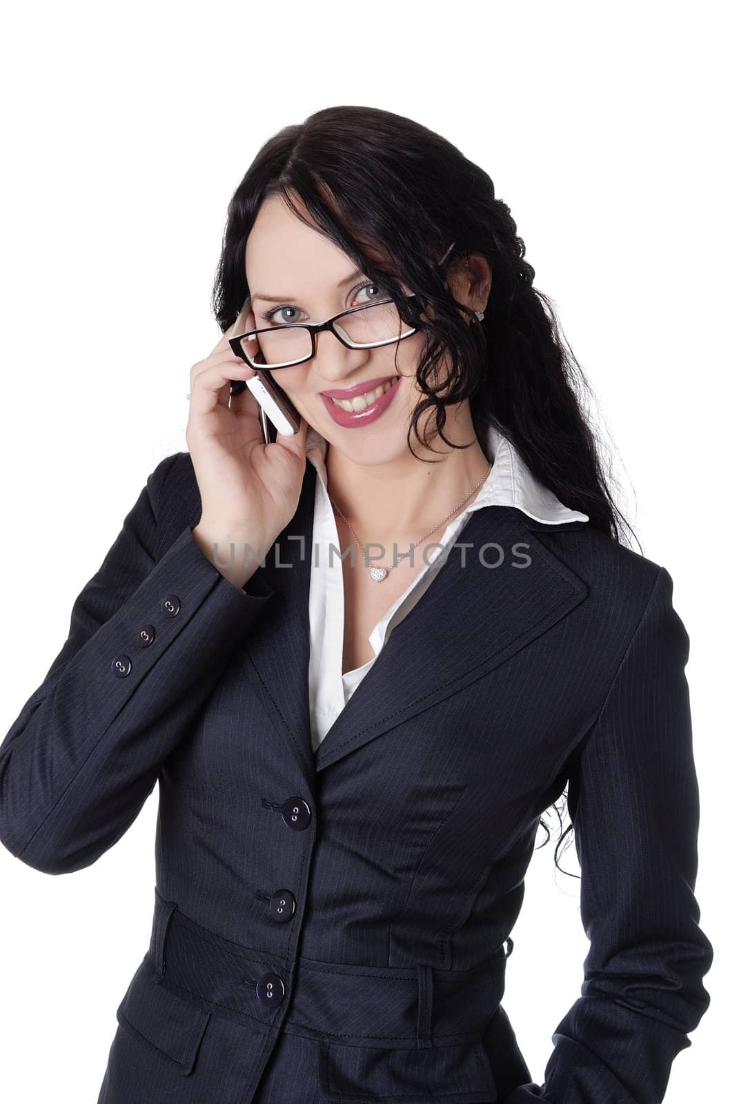 charming businesswoman wearing glasses with a mobile phone