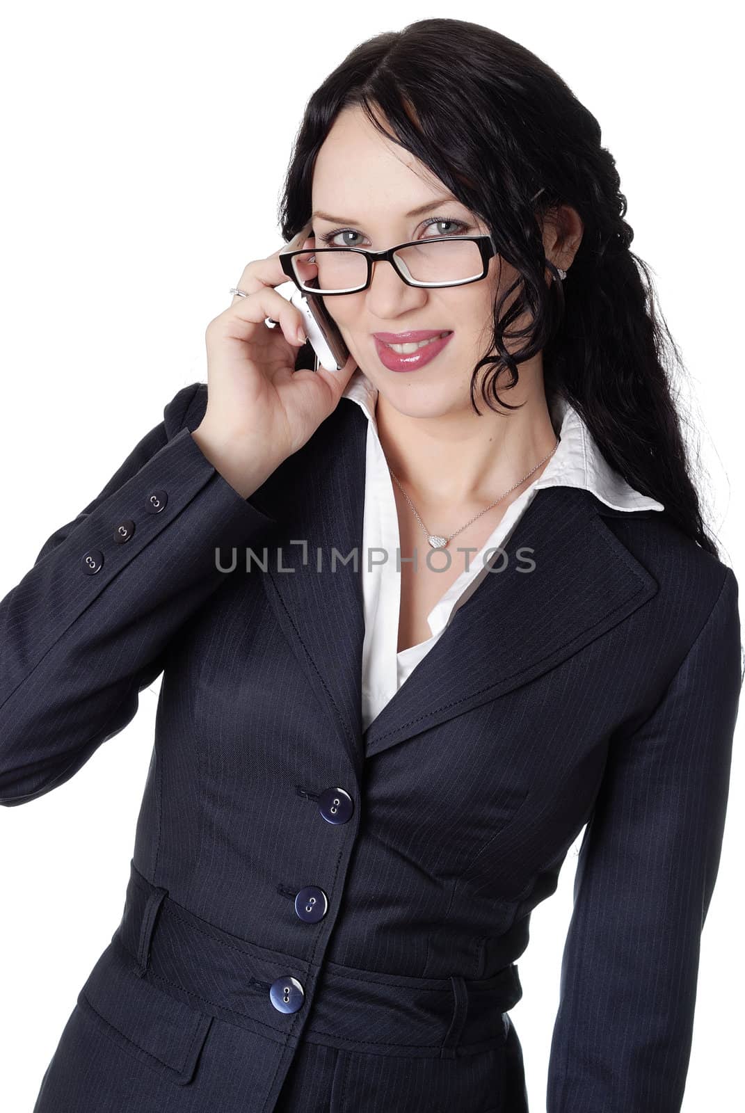 charming businesswoman wearing glasses with a mobile phone