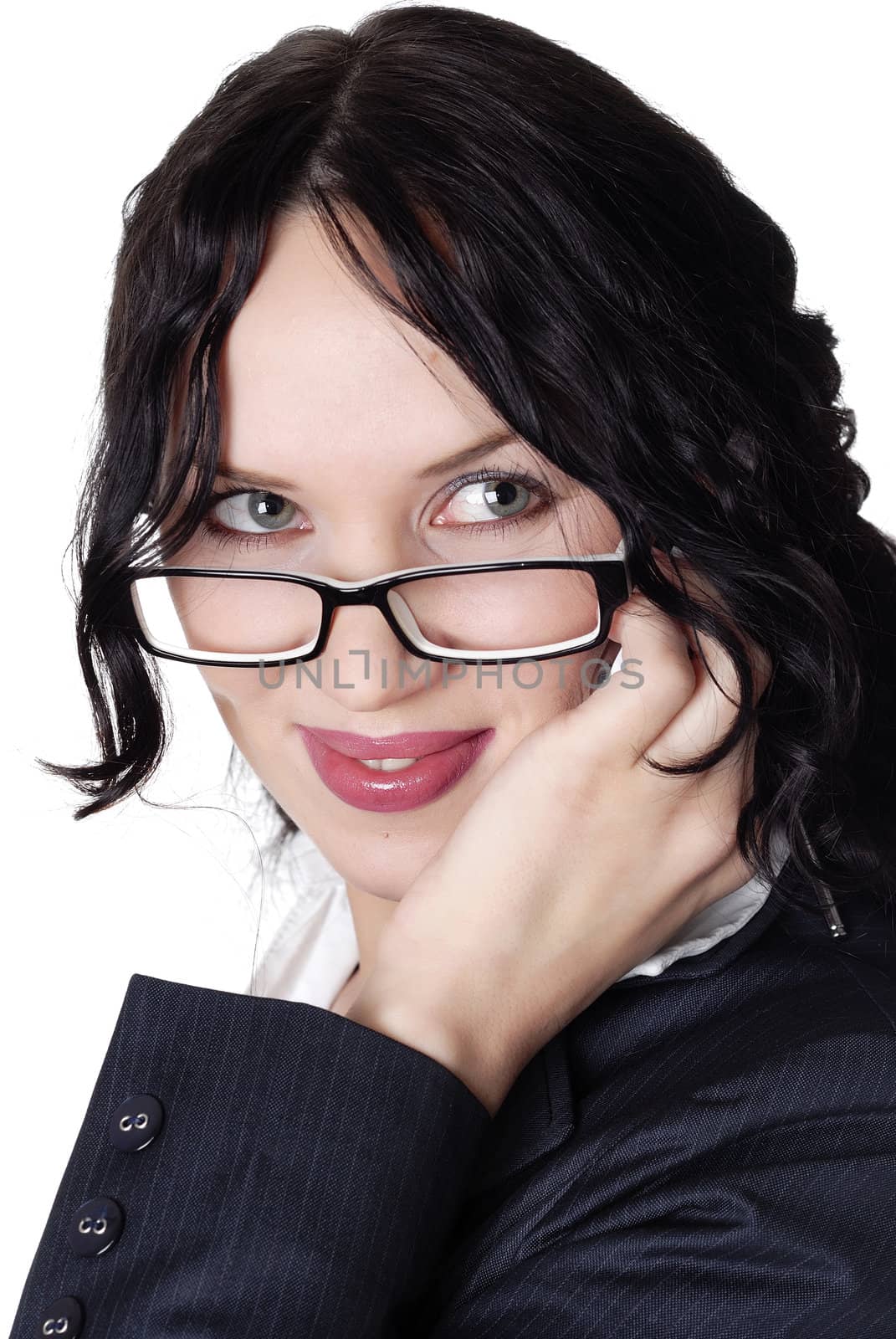 charming businesswoman wearing glasses with a mobile phone