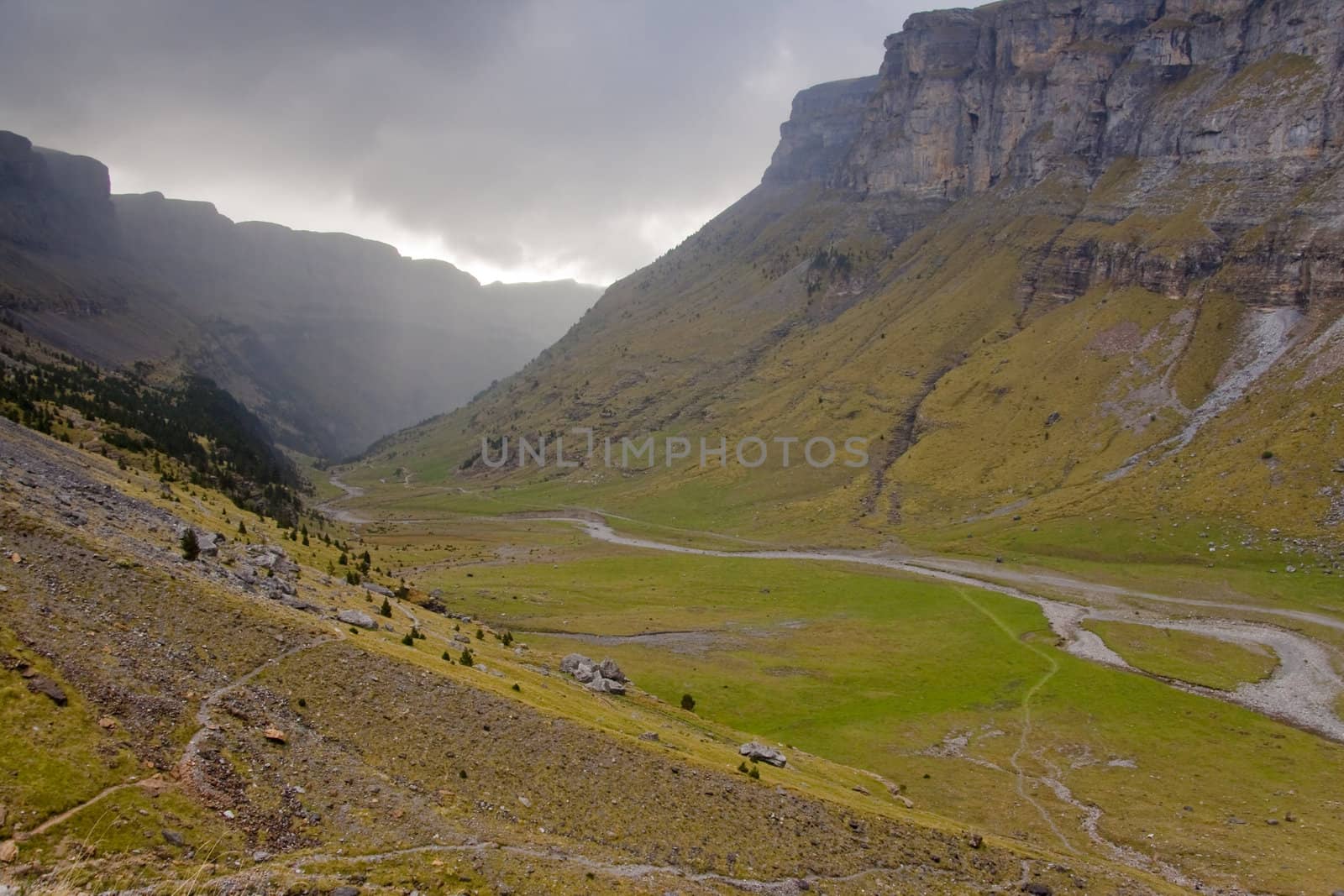 Ordesa valley - National spanish mountain park. Dark cloudy and rainy day.