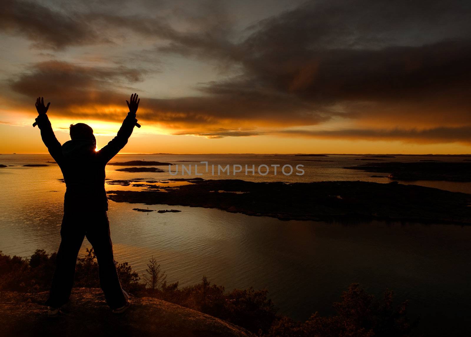A person standing by the ocean raising their arms in celebration