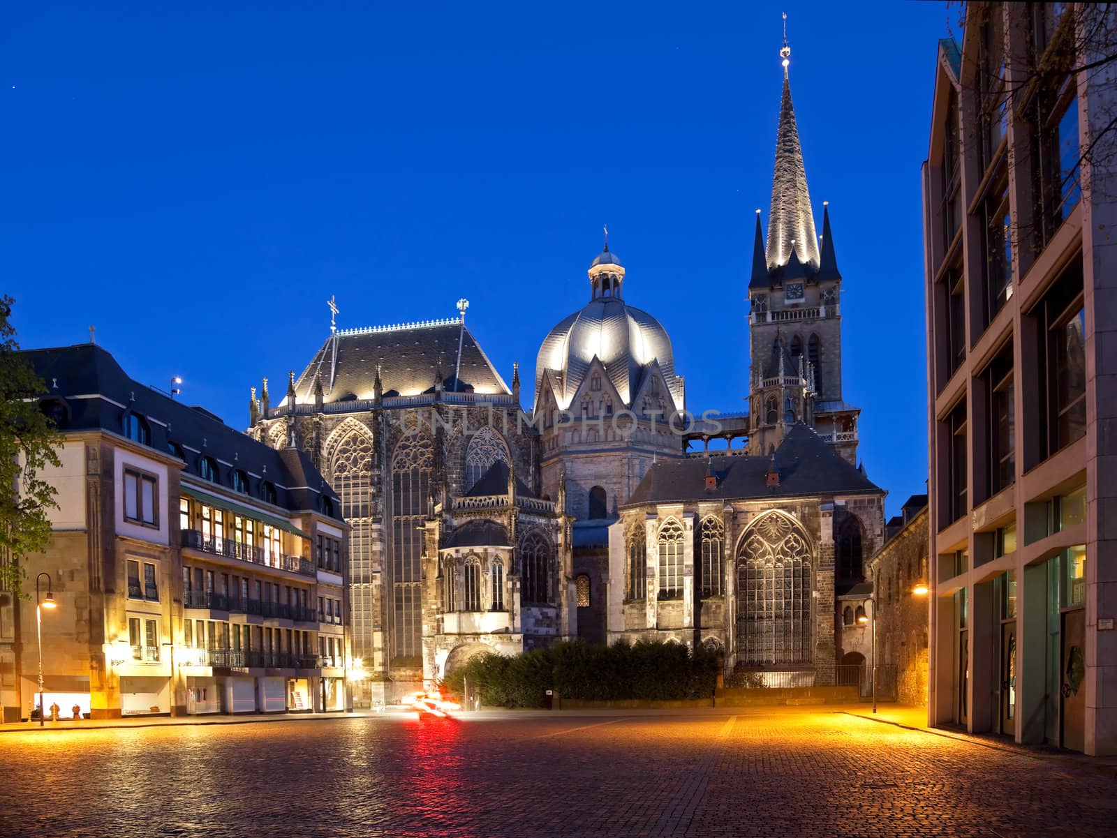 The cathedral in Aachen (Germany) at the blue hour