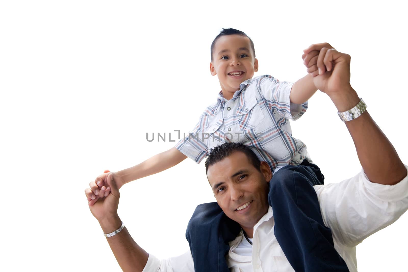 Hispanic Father and Son Having Fun Isolated on White by Feverpitched