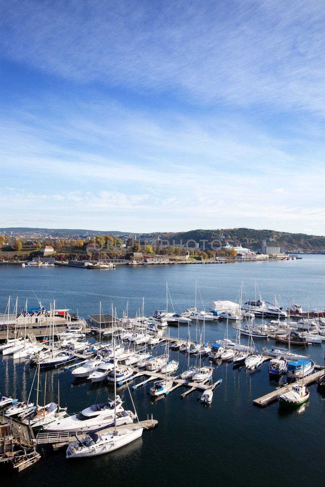 A view of the Oslo fjord and akerbrygge from the sky