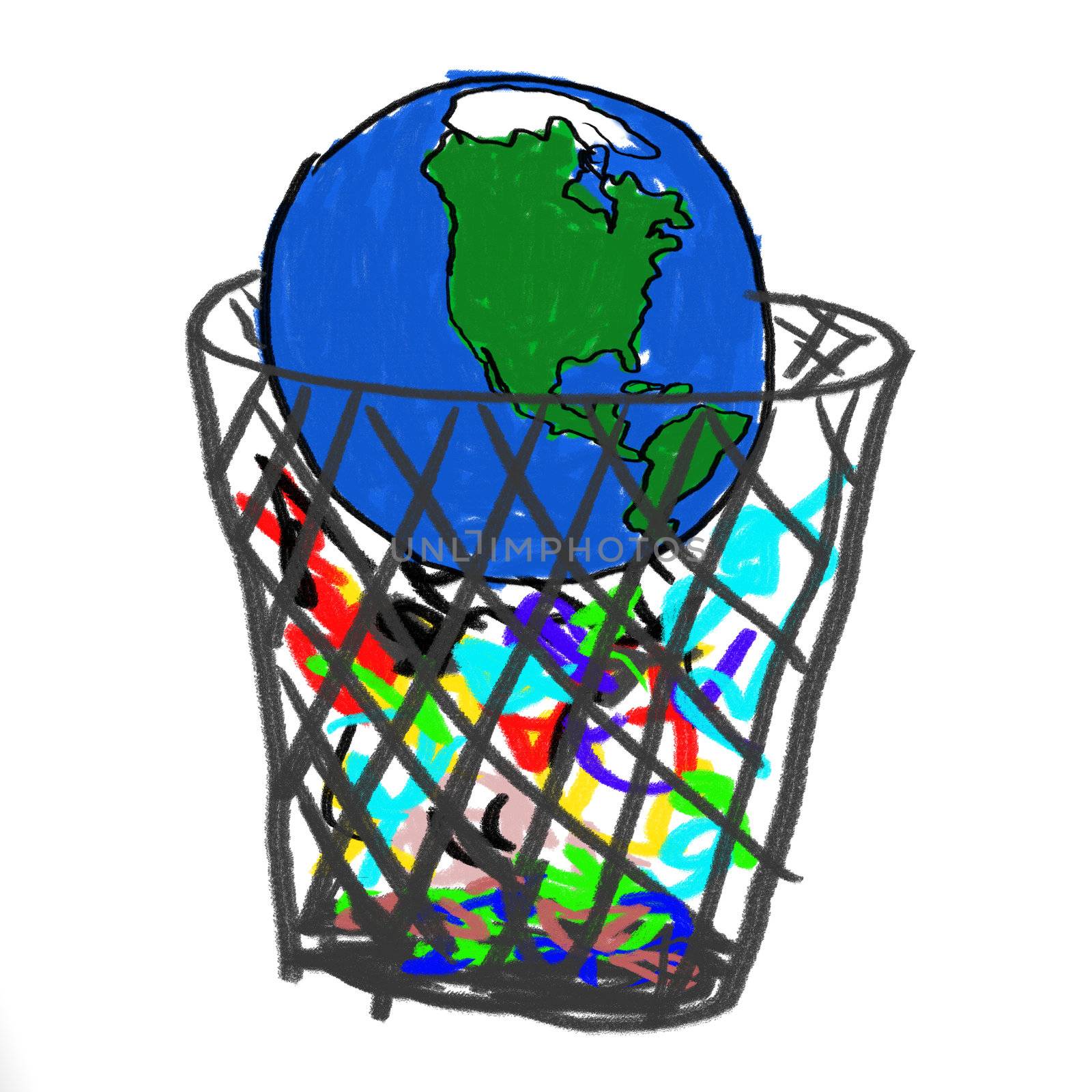 A childlike drawing of the earth in the garbage