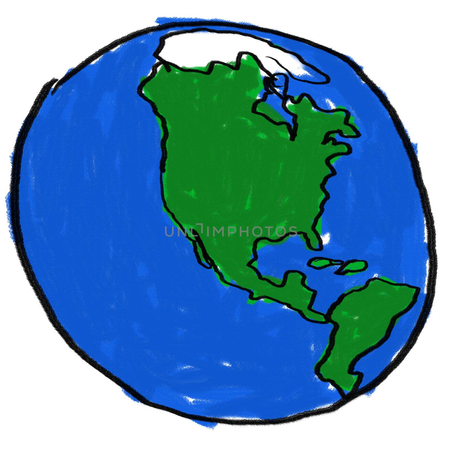 A childlike drawing of the earth from the western hemisphere