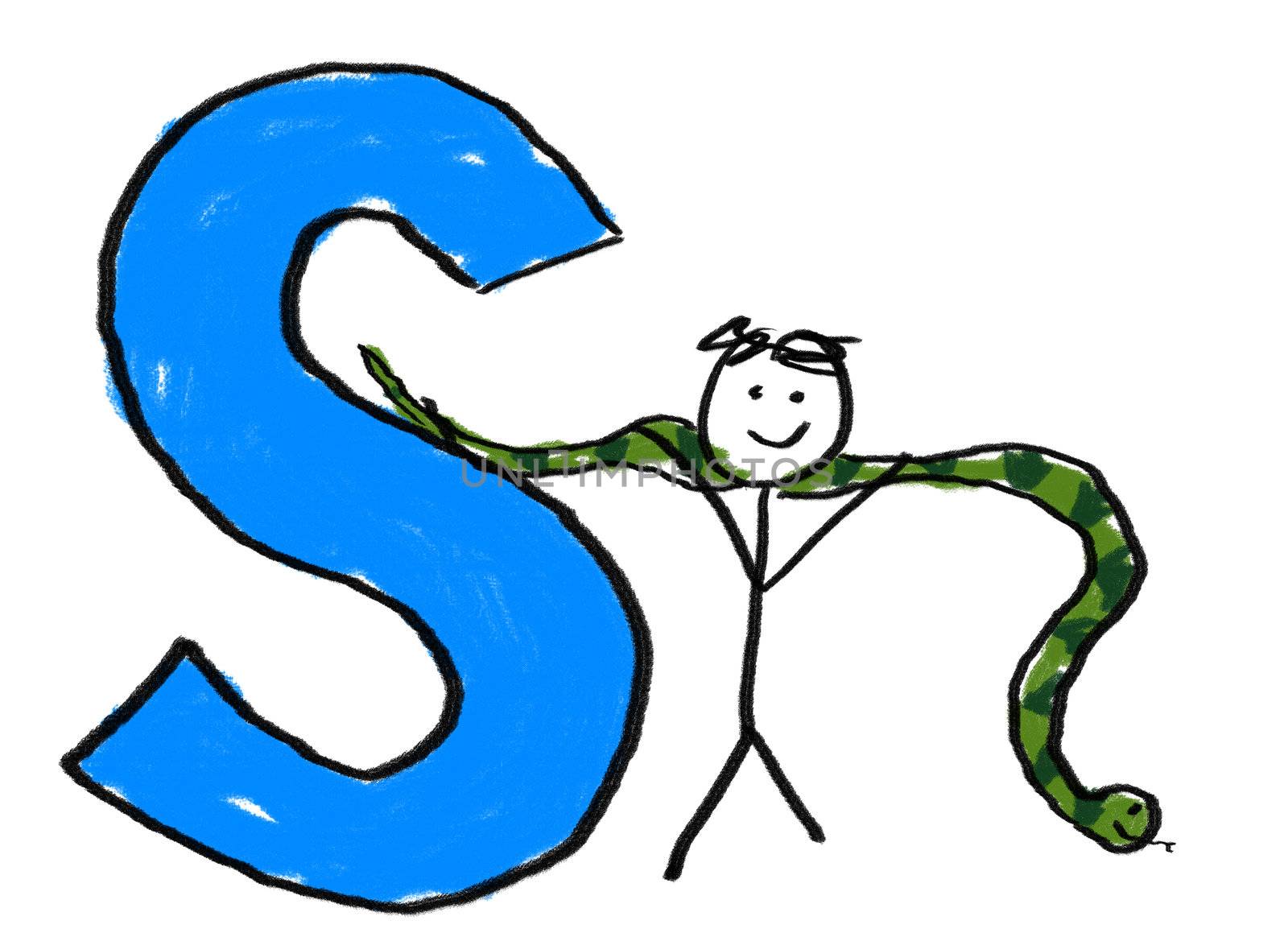 A childlike drawing of the letter S, with a stick man holding a snake