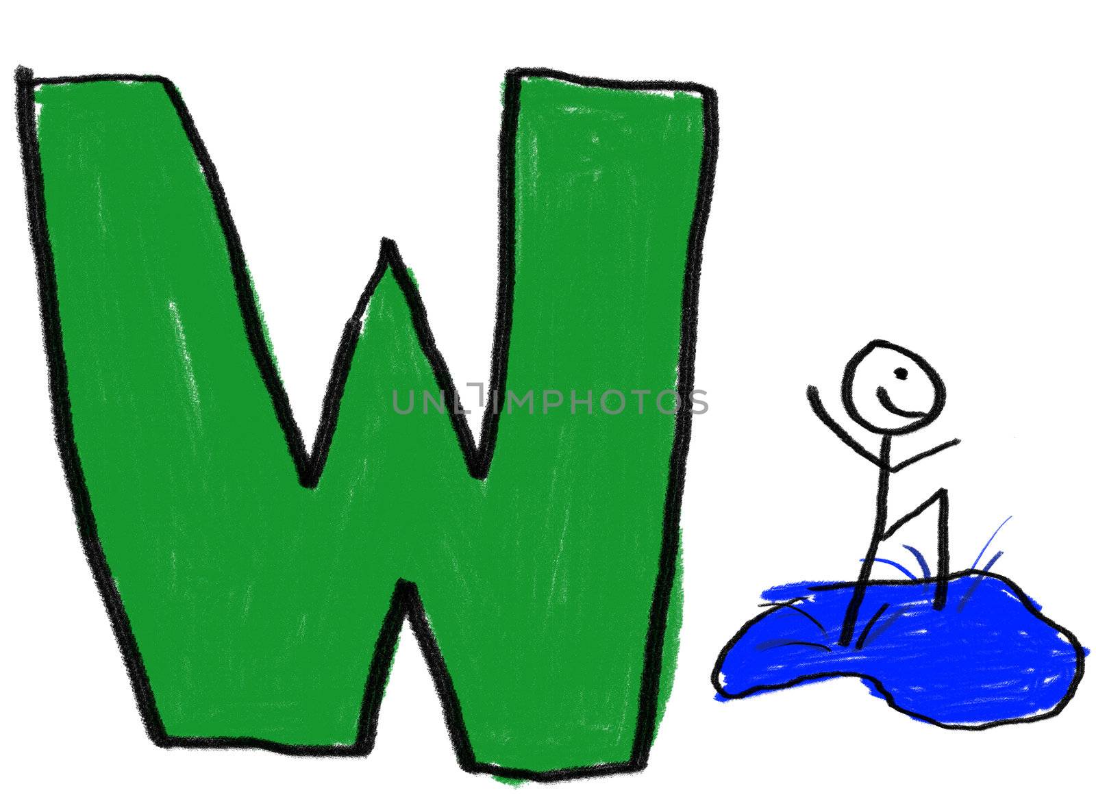 A childlike drawing of the letter W, with a stick man splashing in water