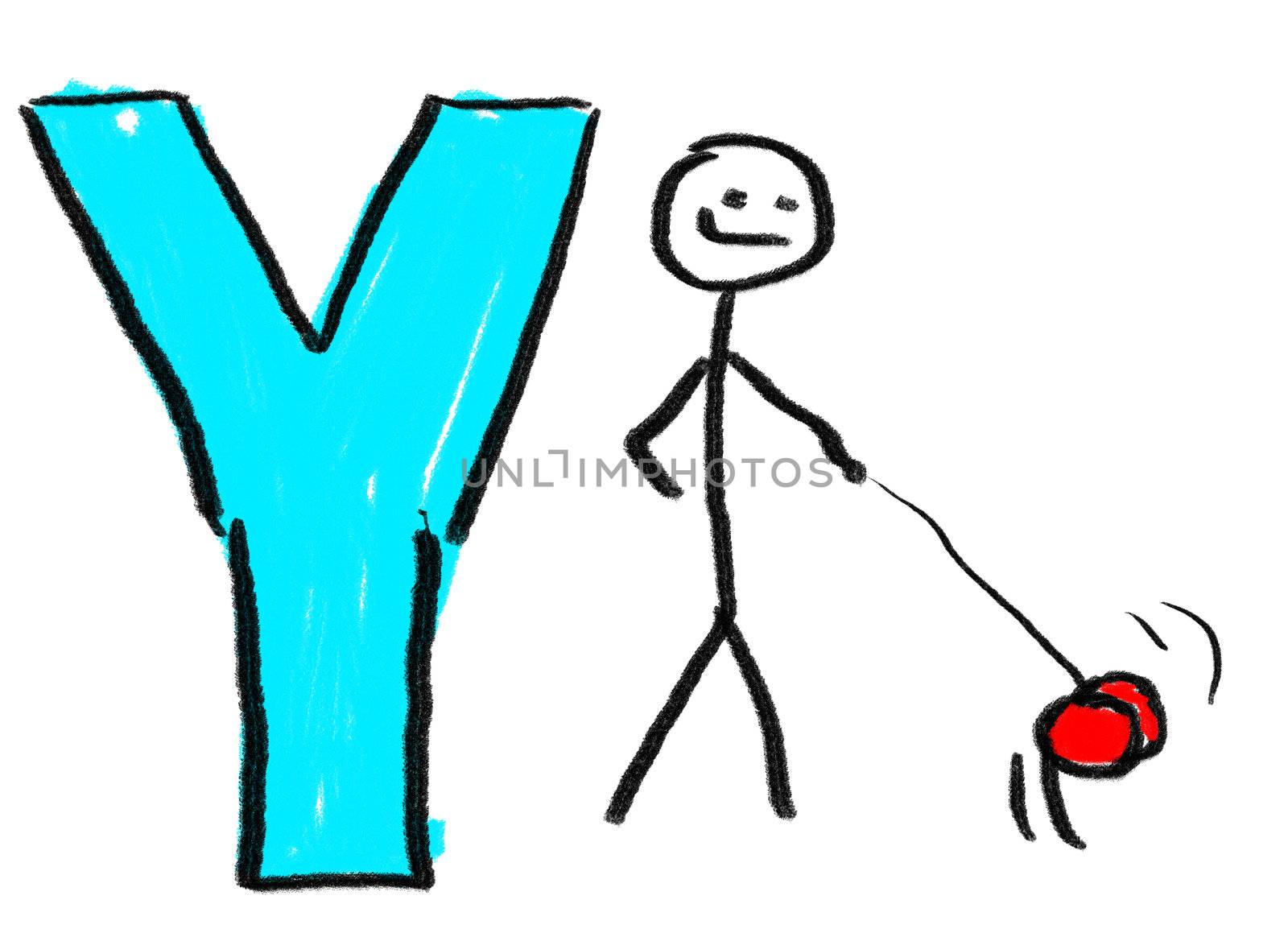 A childlike drawing of the letter Y, with a stick man playing with a yo-yo