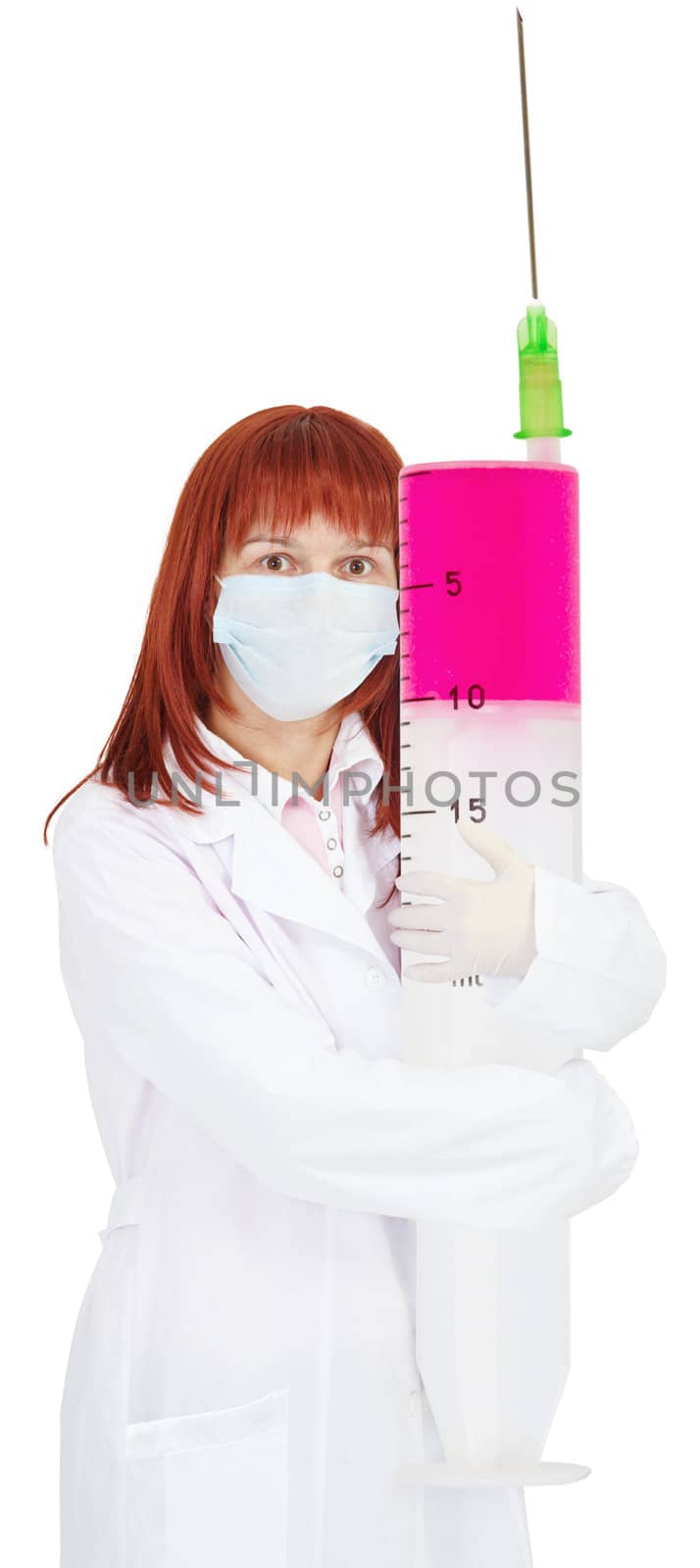 A nurse with a huge syringe on white background