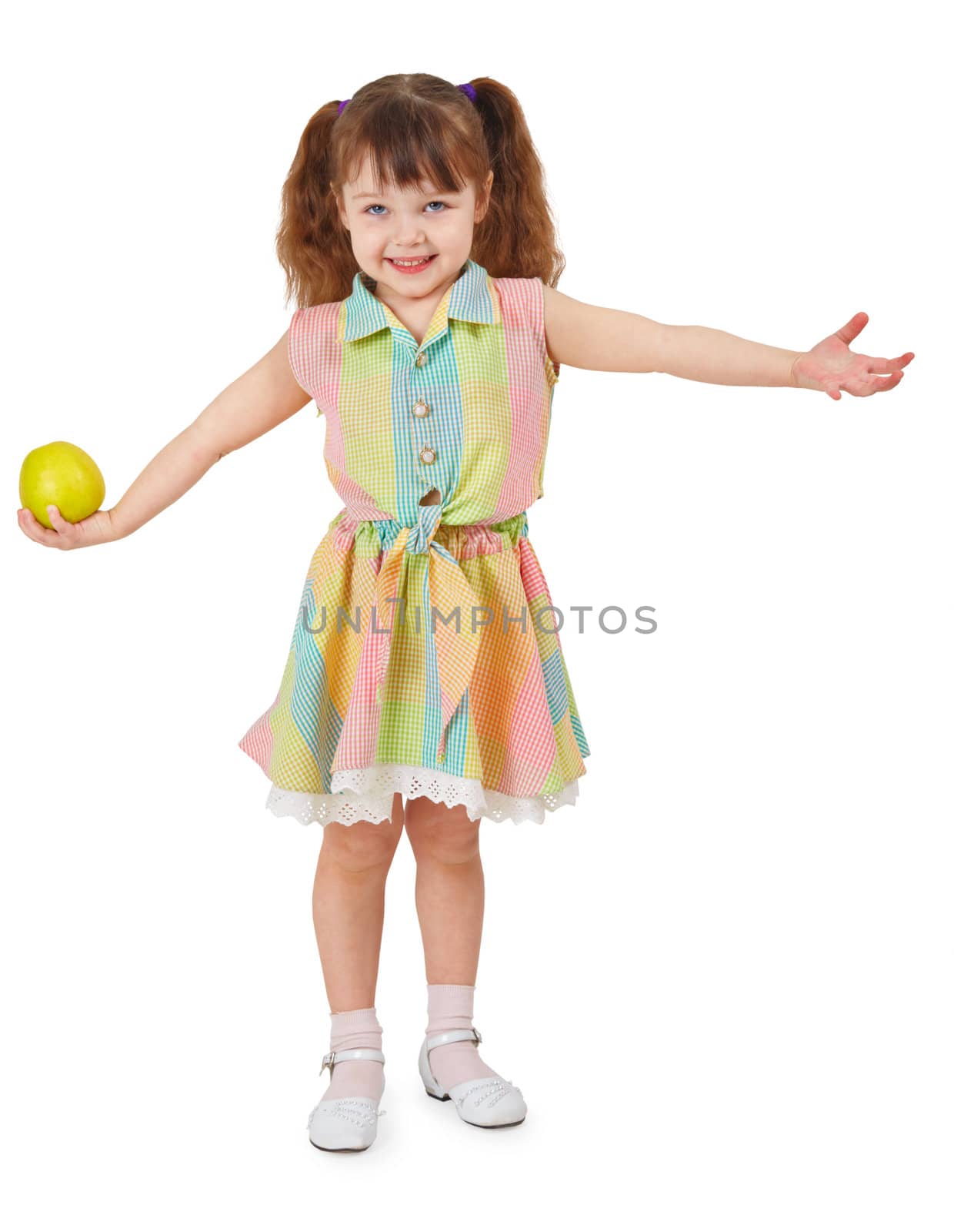 Happy girl holding in hand apple, isolated on a white background