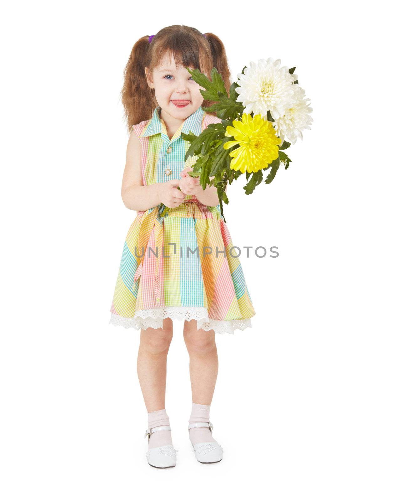 Cheerful child waving a bouquet of flowers on a white background