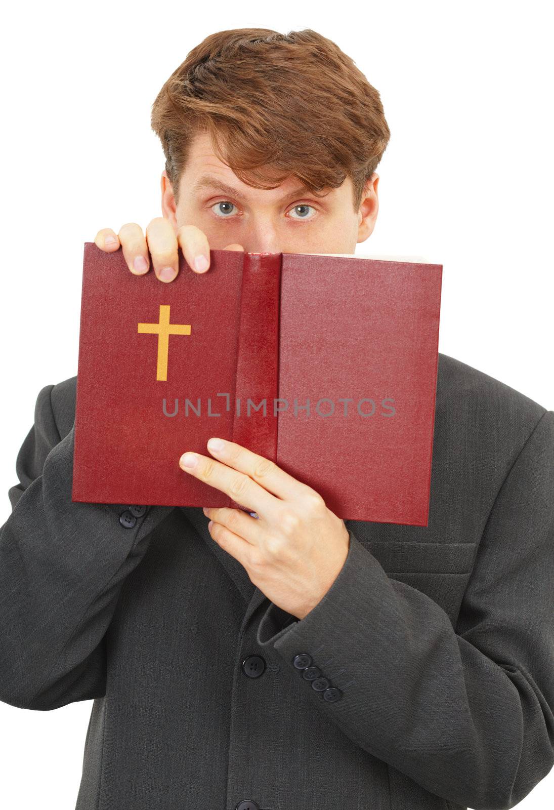 Priest defends the Scriptures, isolated on a white background