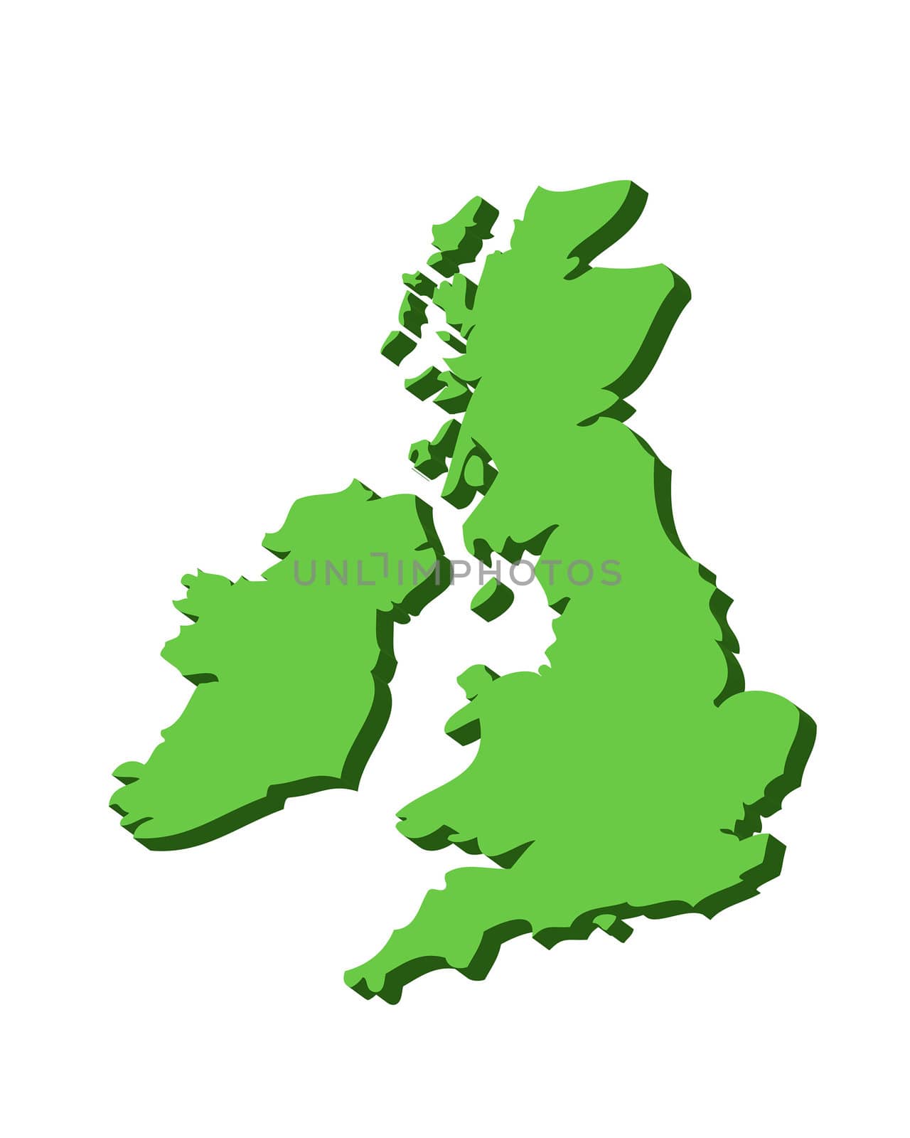 3D outline map of UK and Ireland in green