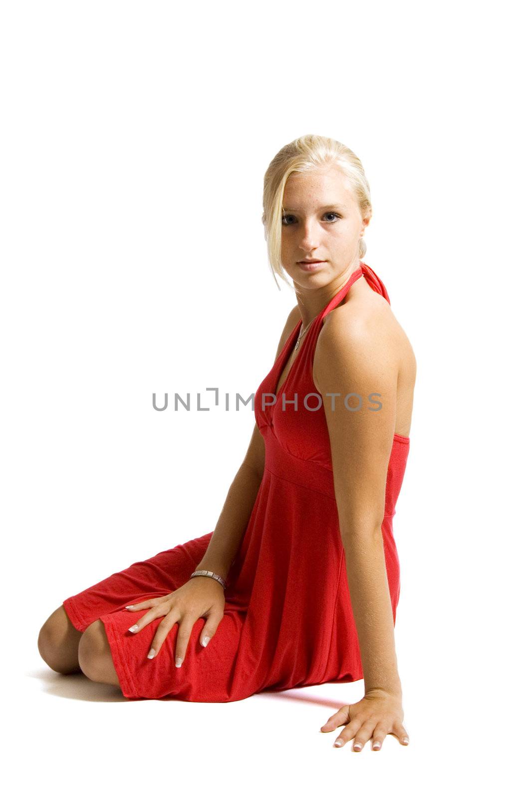 beuatiful blonde teenage girl sitting on floor in red dress by ladyminnie
