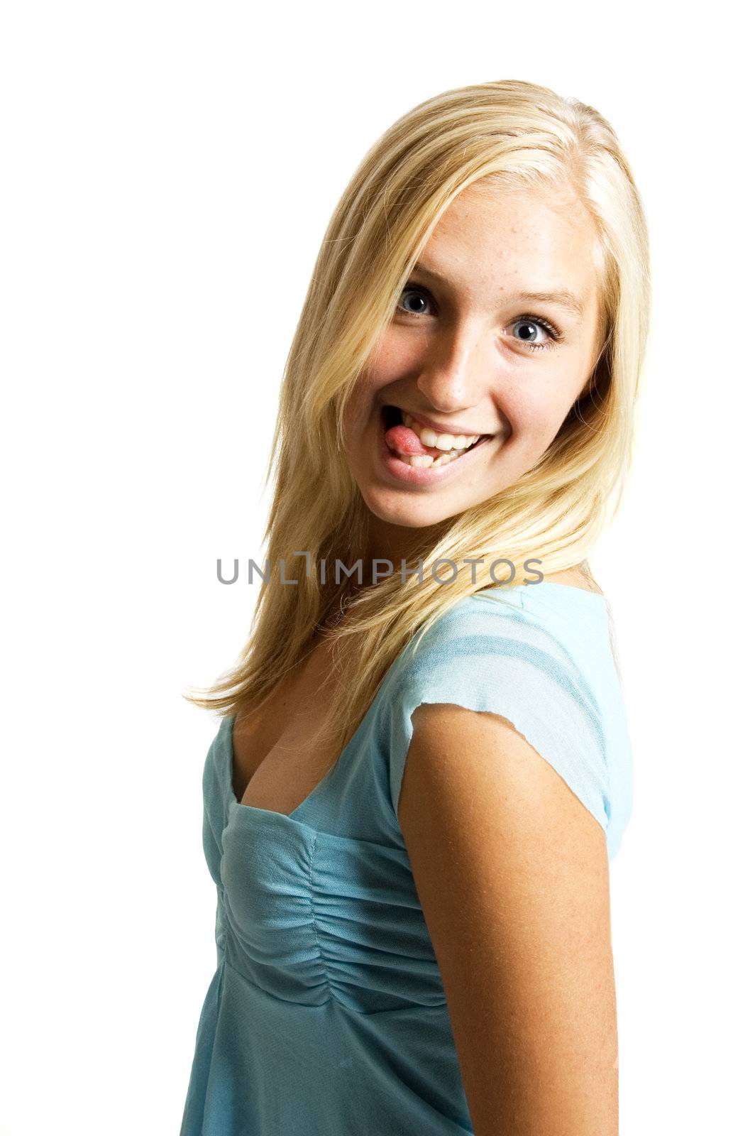 teenage girl sticking out tongue