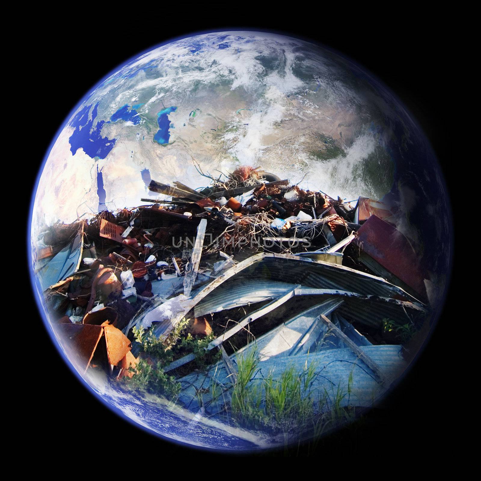 A large pile of garbage double exposed on the planet earth - eastern hemisphere