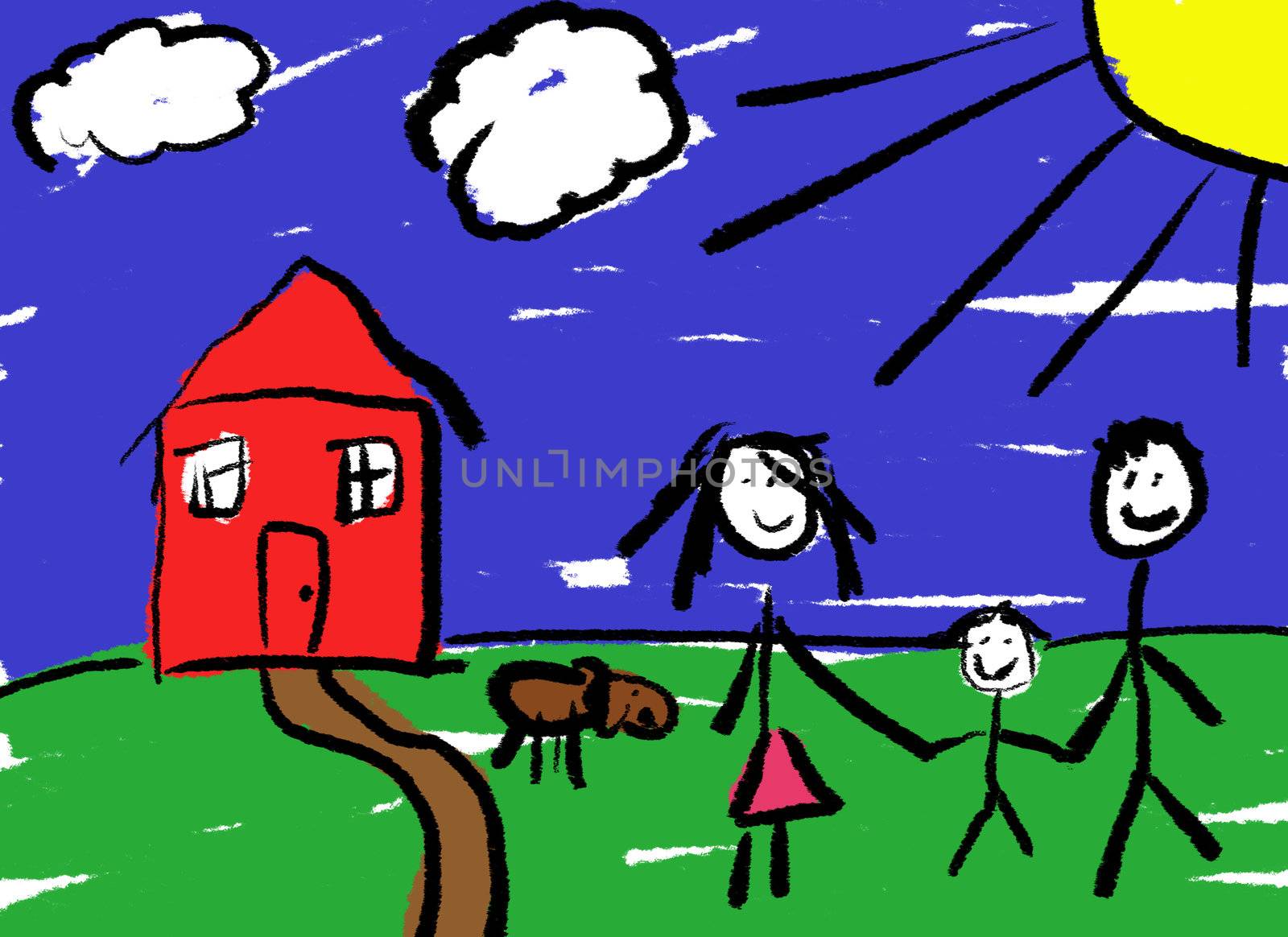 A childlike drawing of a happy family in front of their house with a dog.