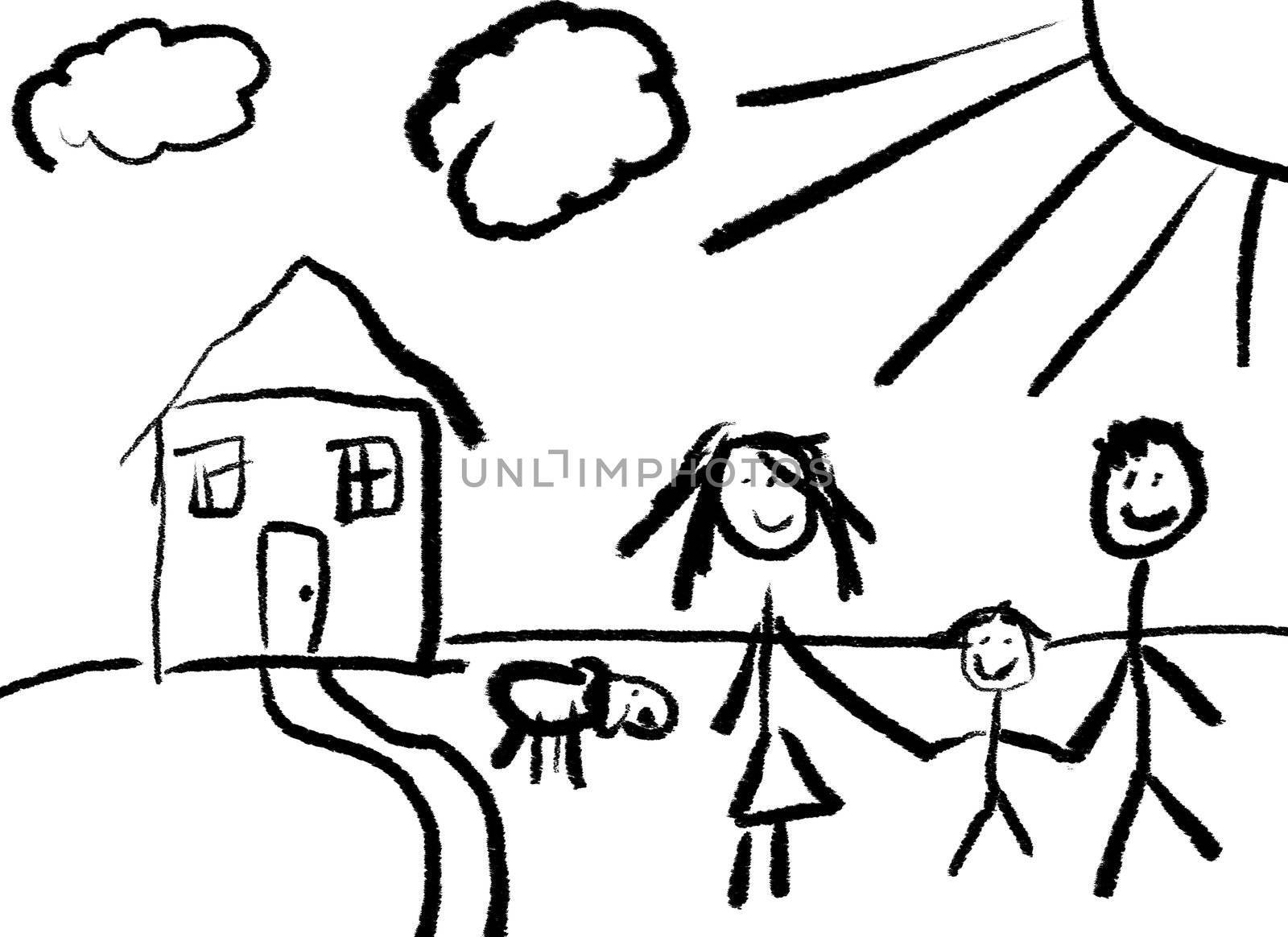 A childlike drawing of a happy family in front of their house with a dog.