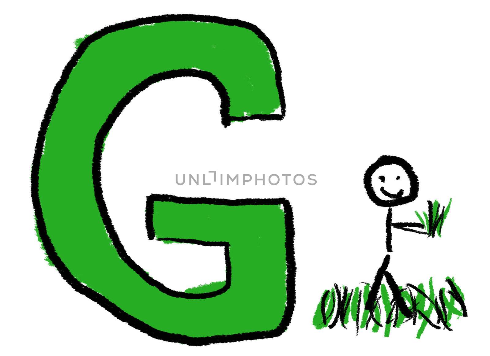 A childlike drawing of the letter G, with a stick person playing in the Grass