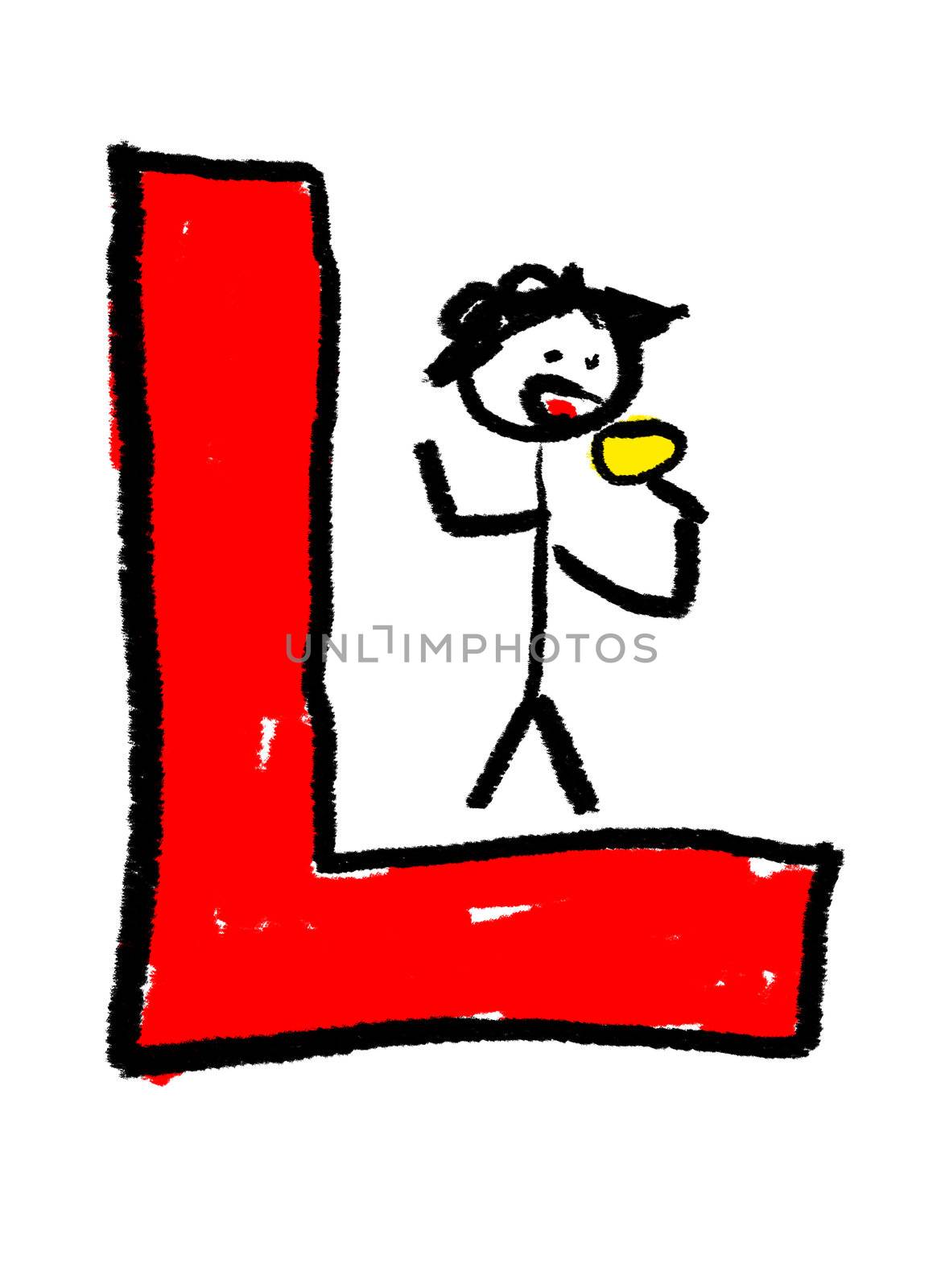 A childlike drawing of the letter L, with a boy licking a lollypop