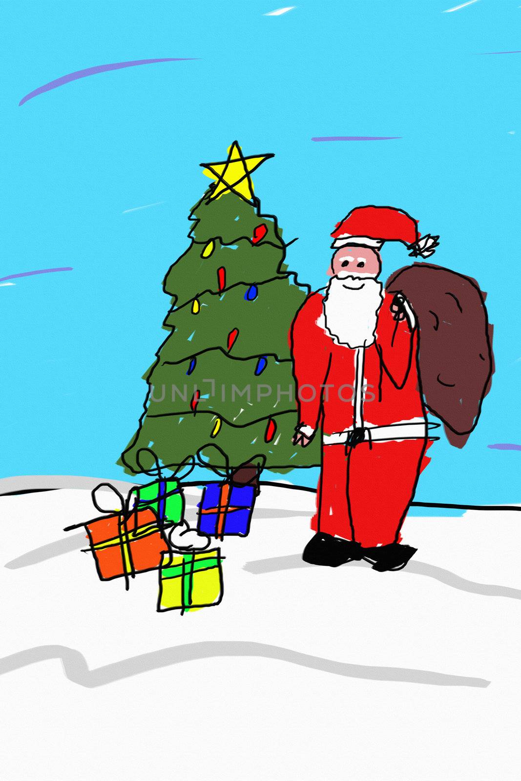 A child like drawing of santa in front of a christmas tree with presents.