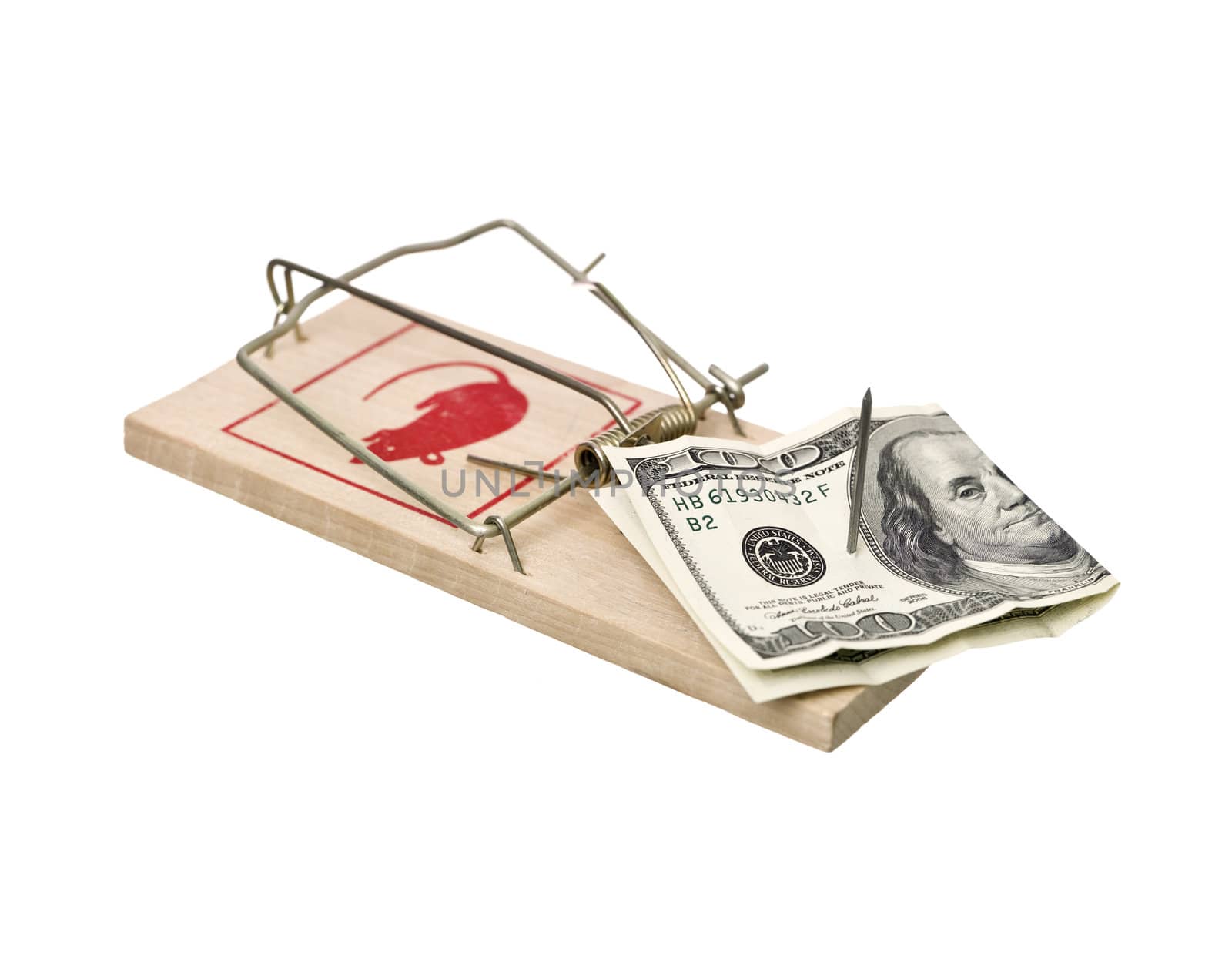 Mousetrap with dollars isolated on white background