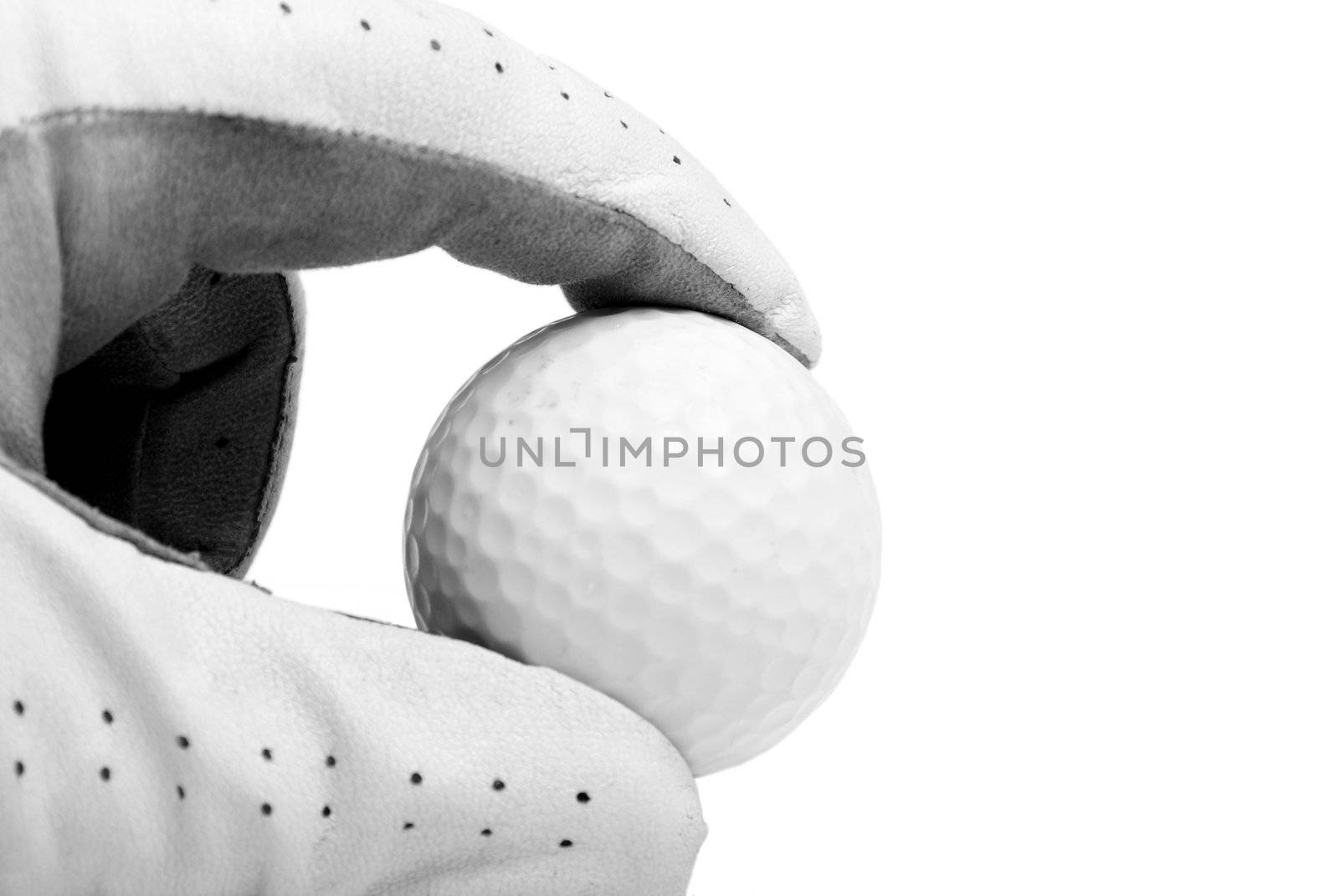 A golfer's hand pinches the ball over white.