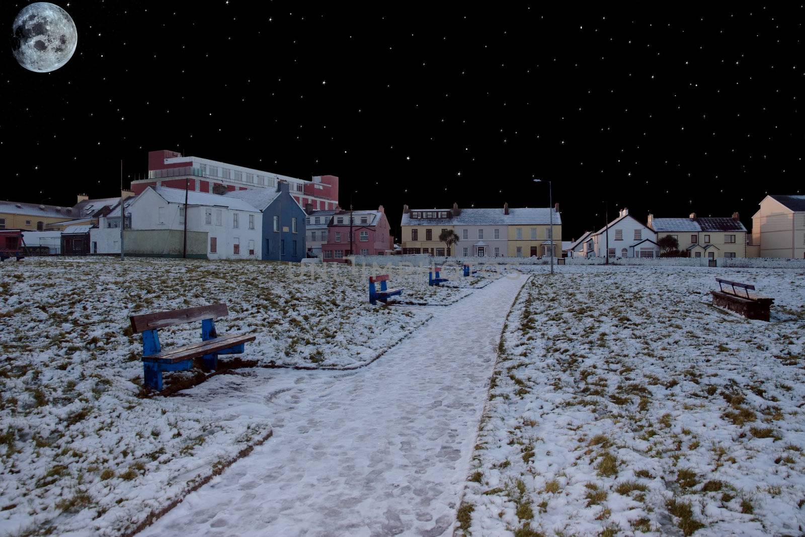 five benches beside a snow covered park footpath under the moonlight