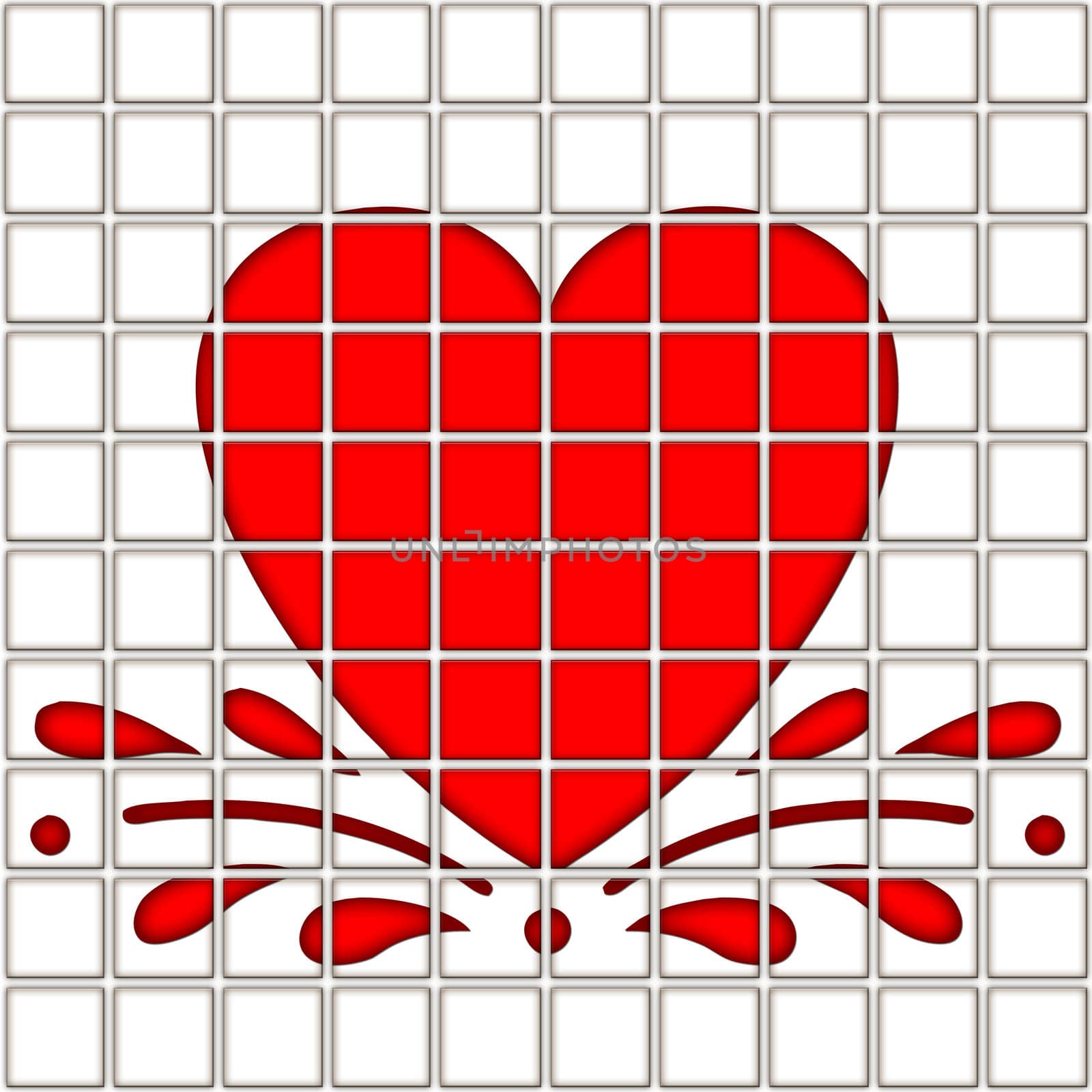 splashing red heart on 10 by 10 tiles
