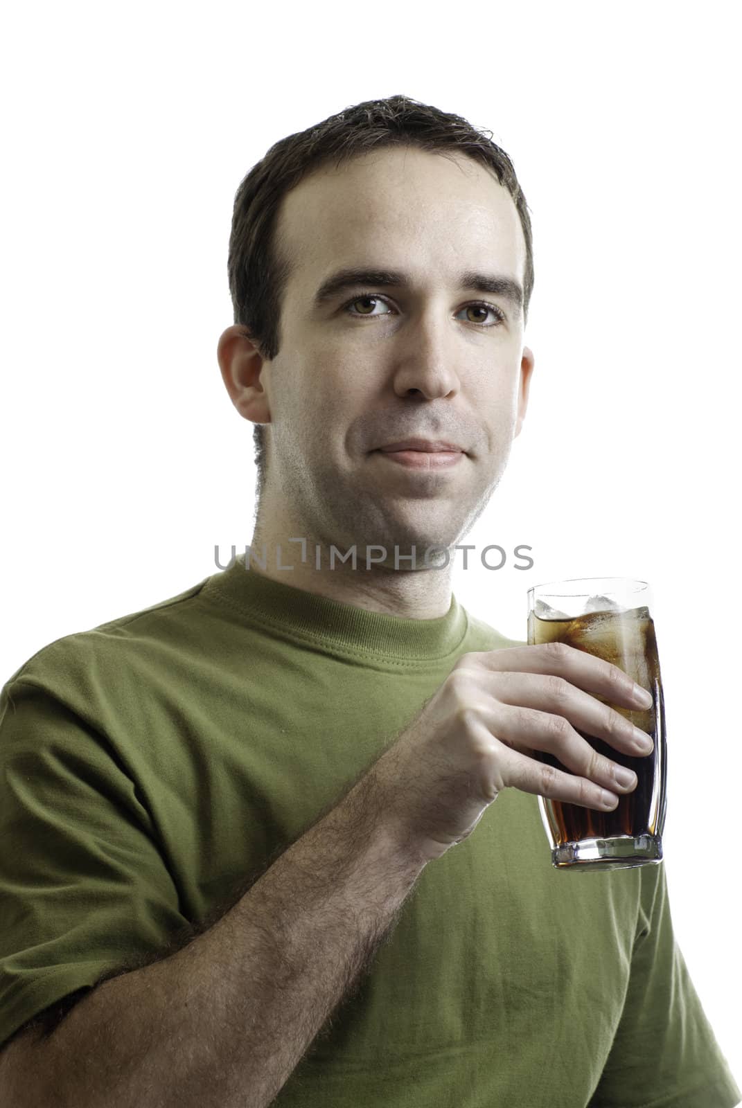 A young man holding a cold cola with ice, isolated against a white background