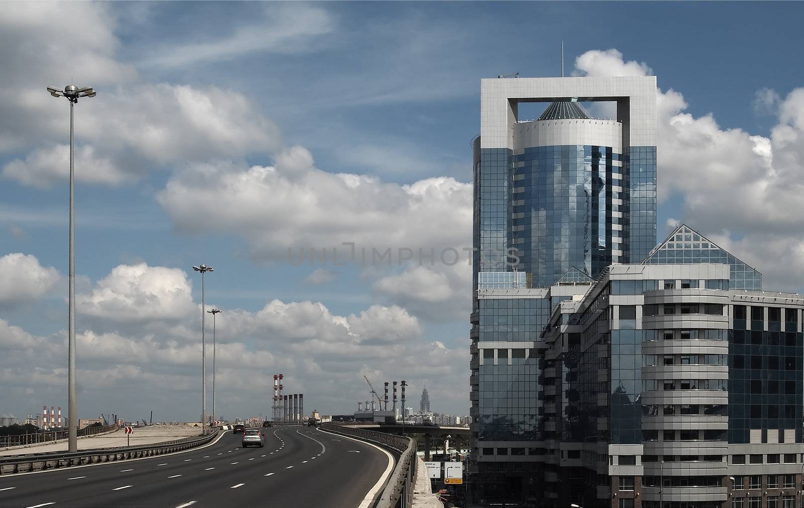 Road near a modern office center. Urban scene