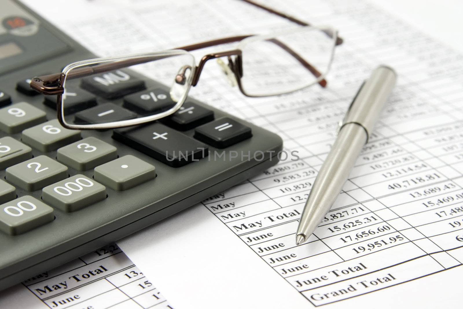 Calculator and glasses on financial report by serpl