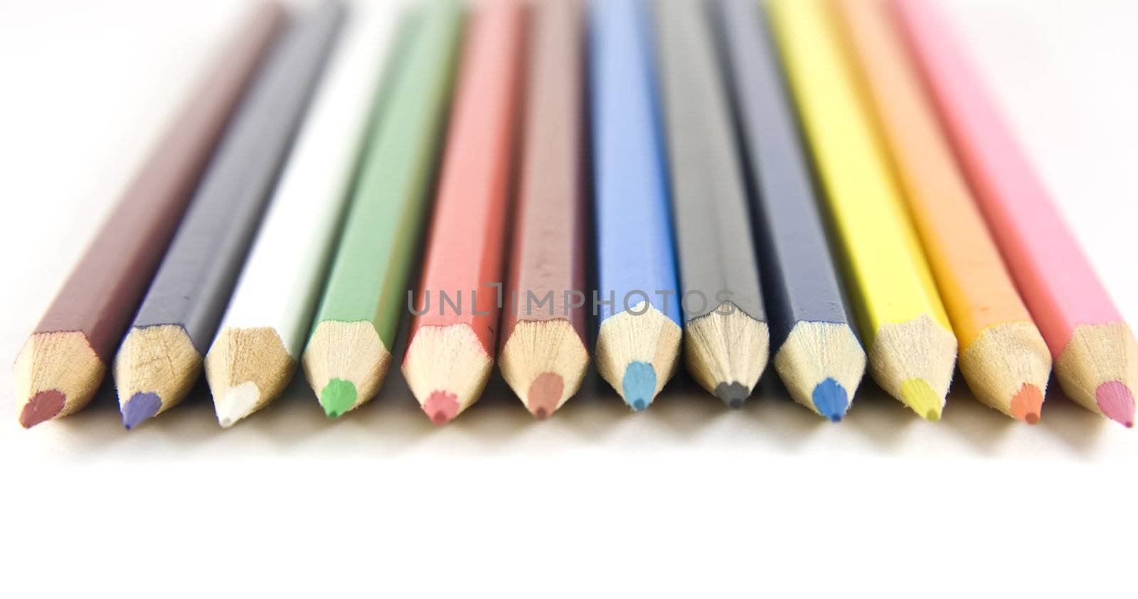 Set of coloured pencils with shadow on white background