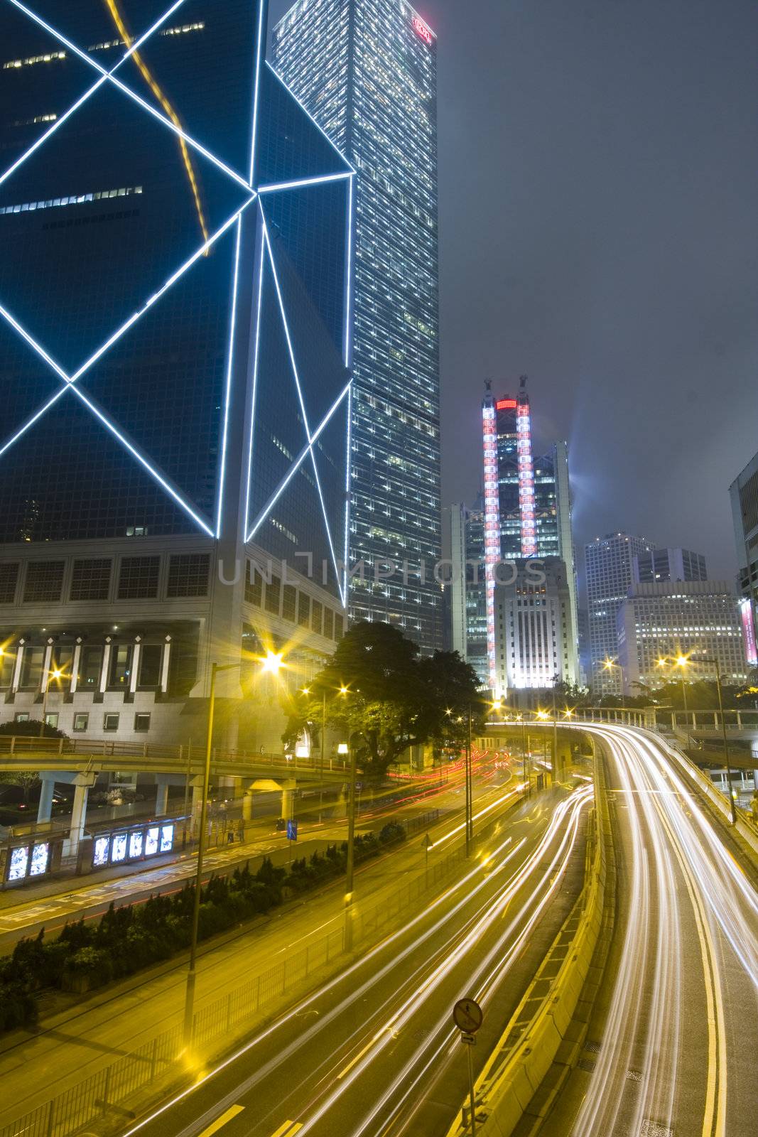 Hong Kong at night with highrise buildings
