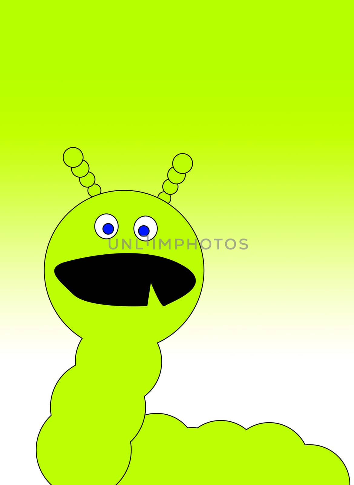 An illustration of a green cartoon caterpillar monster.