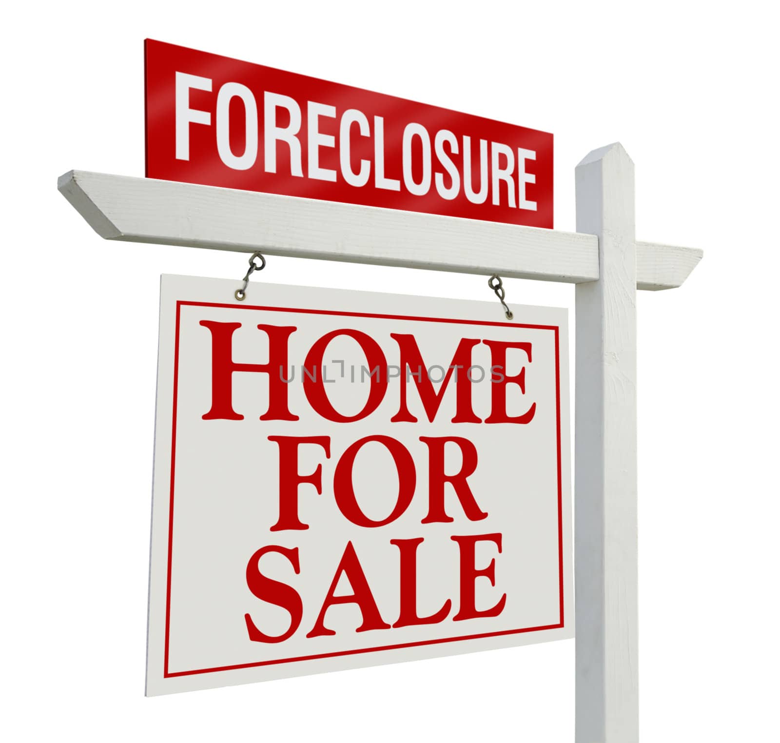 Foreclosure Home For Sale Real Estate Sign Isolated on a White Background.