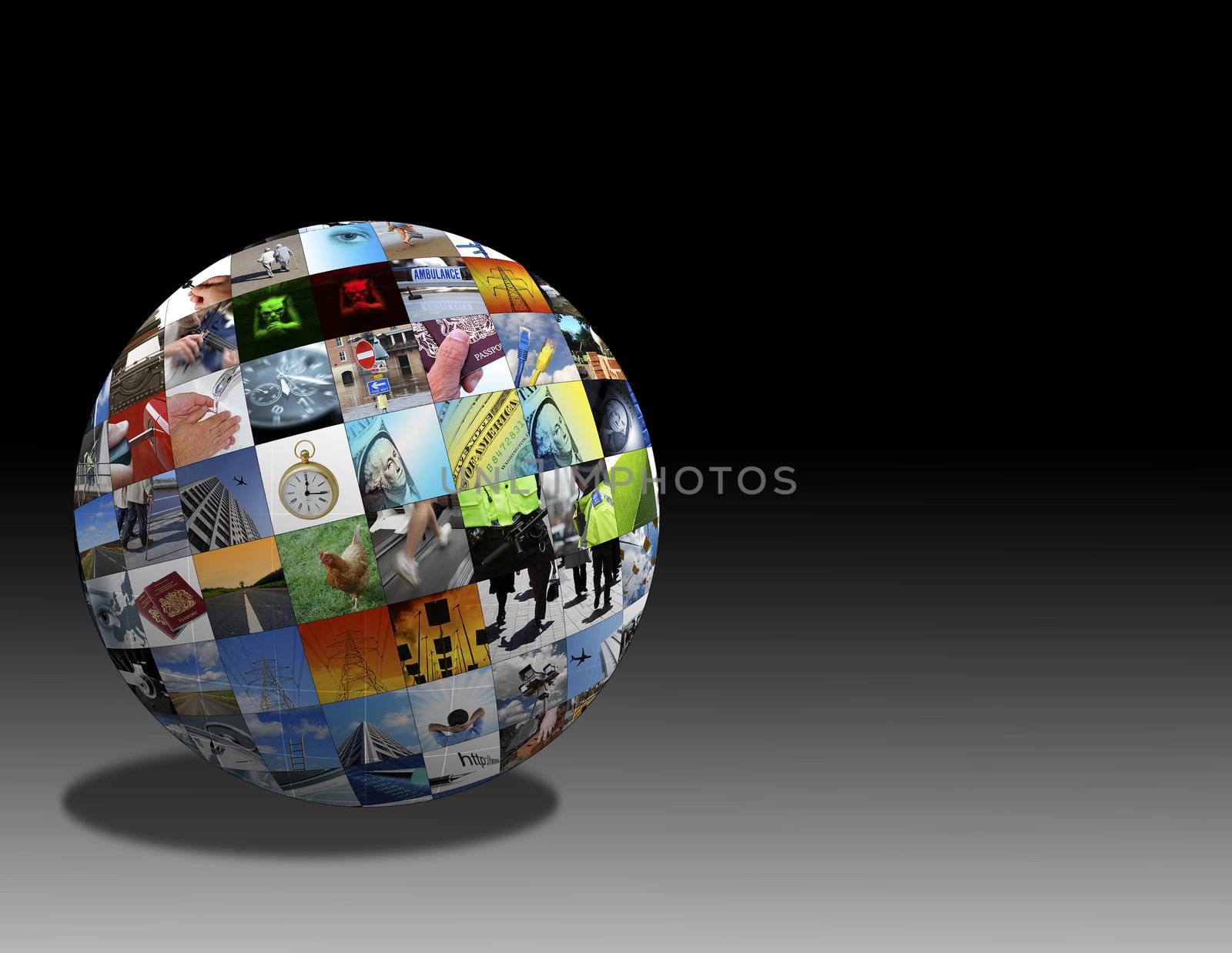 Photographs combined into globe shape over graduated background