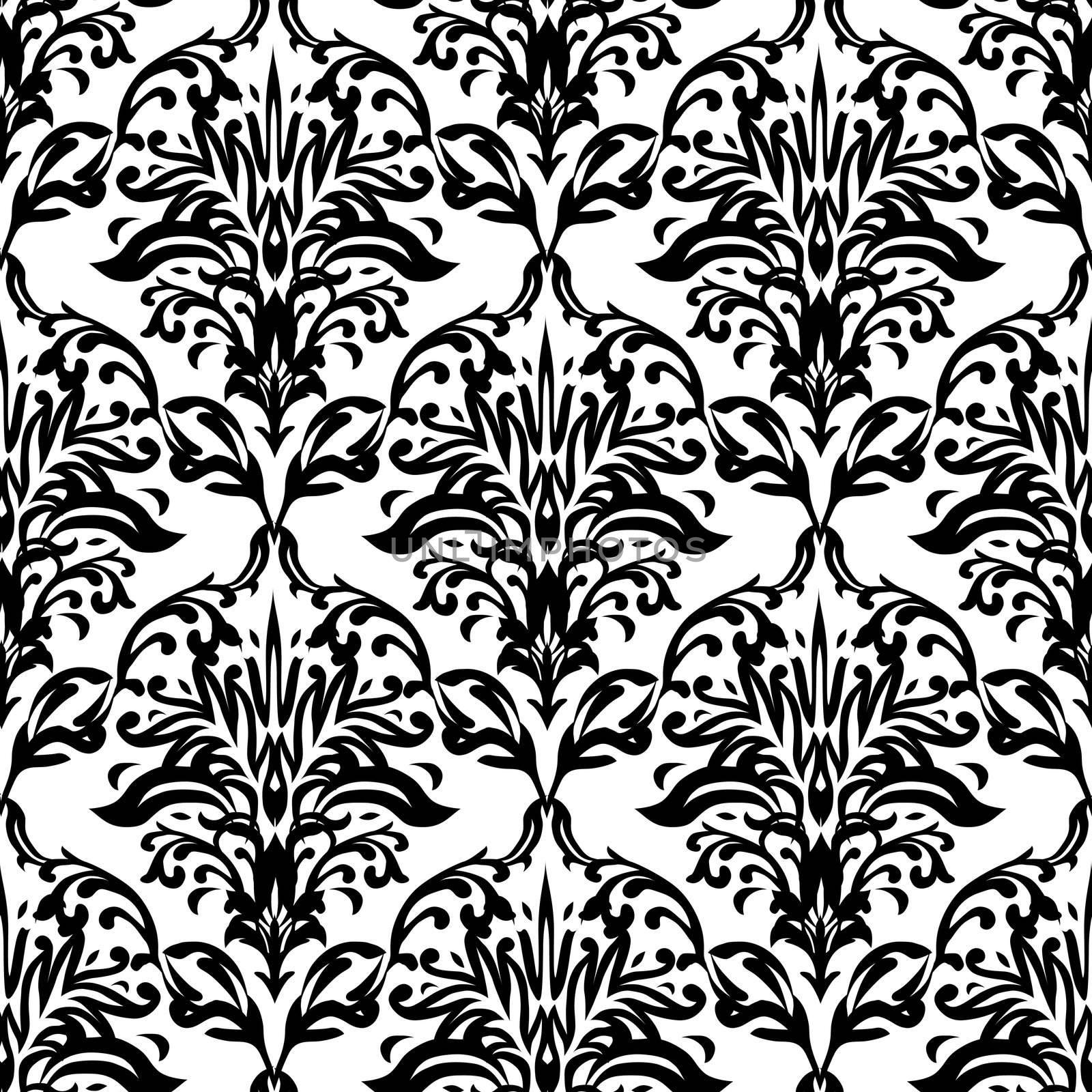 Black and white seamless repeat design with a floral theme