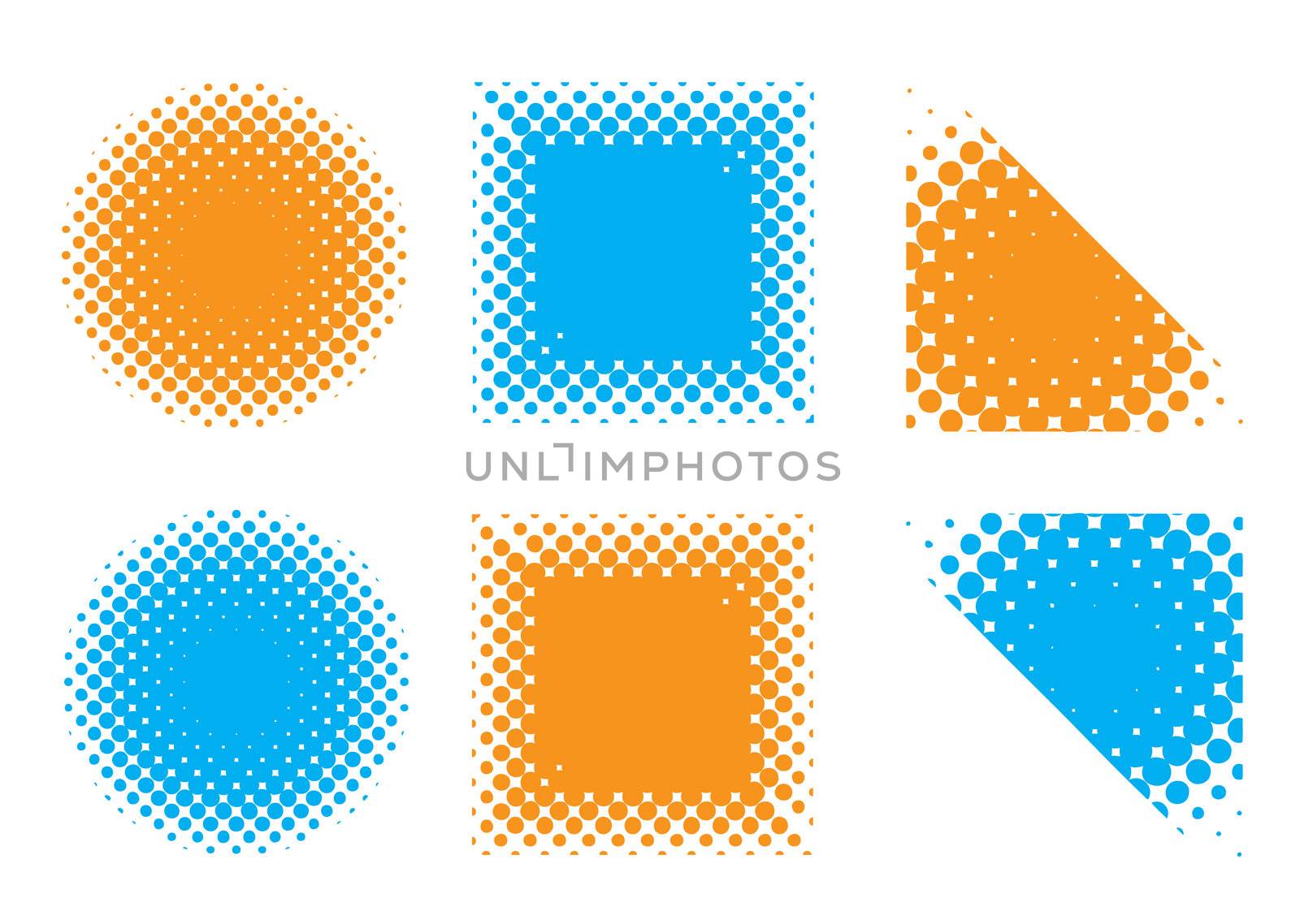 illustrated collection of blue and orange halftone shapes