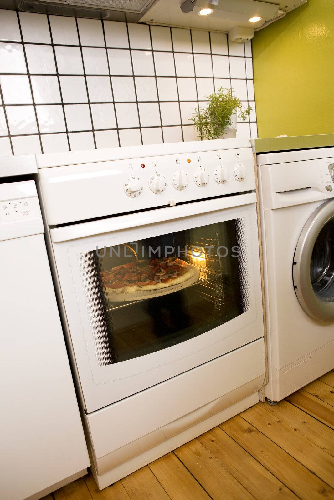 A homemade pizza baking in an oven